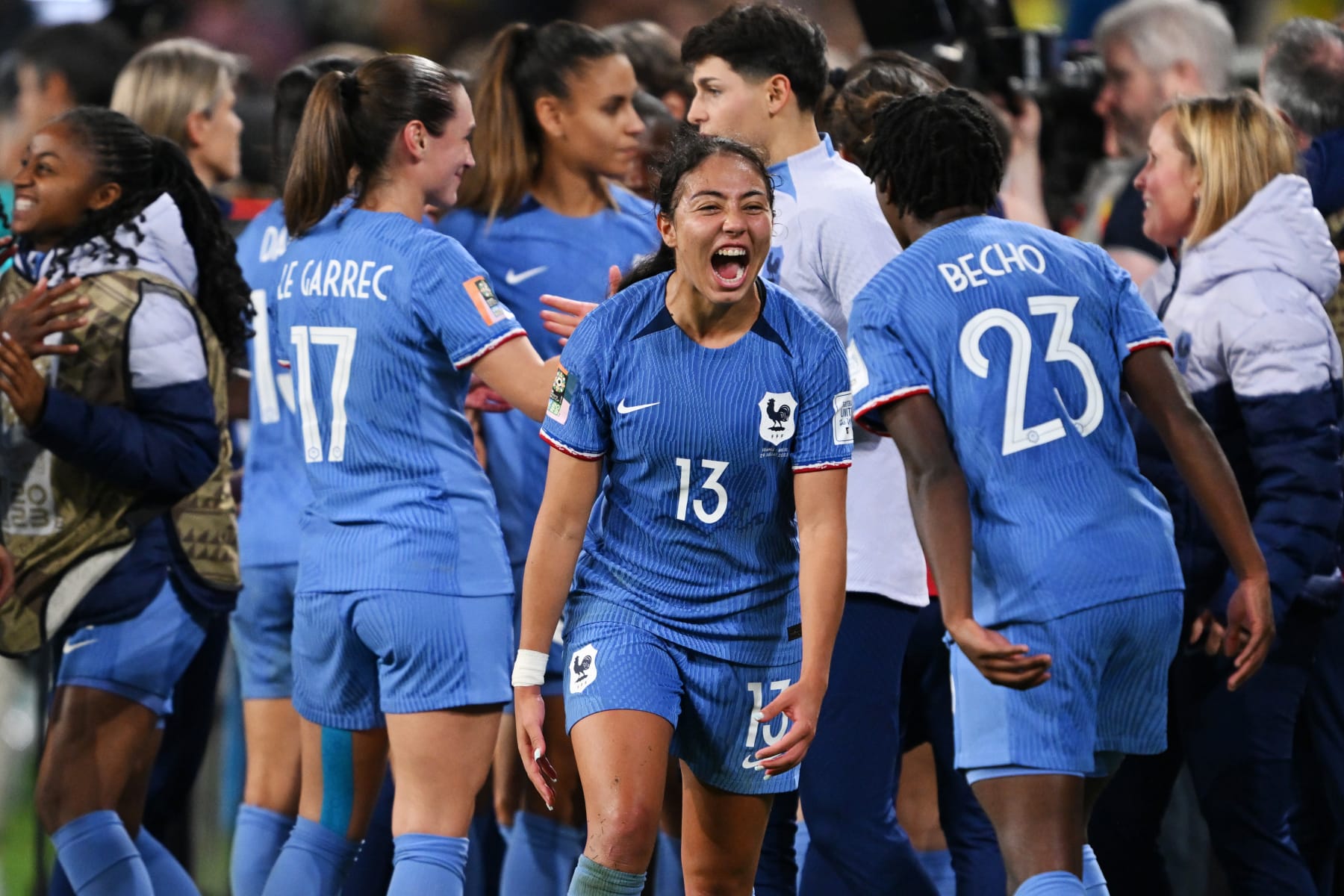 BRISBANE, AUSTRALIA - JULY 29: Selma Bacha and Vicki Becho of France celebrate after the team's 2-1 victory in the FIFA Women's World Cup Australia & New Zealand 2023 Group F match between France and Brazil at Brisbane Stadium on July 29, 2023 in Brisbane, Australia. (Photo by Bradley Kanaris/Getty Images)