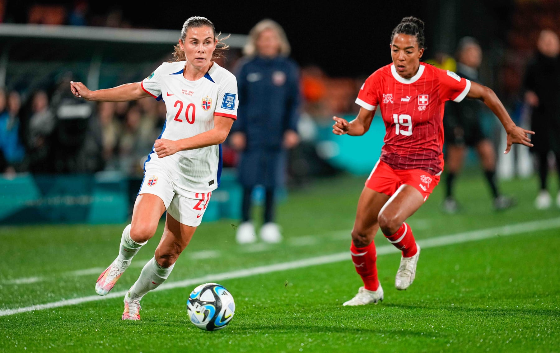 HAMILTON, NEW ZEELAND - JULY 25: Emilie Haavi of Norway controls the ball during the FIFA Women's World Cup Australia & New Zealand 2023 Group A match between Switzerland and Norway at Waikato Stadium on July 25, 2023 in Hamilton, New Zealand. (Photo by Ulrik Pedersen/DeFodi Images via Getty Images)