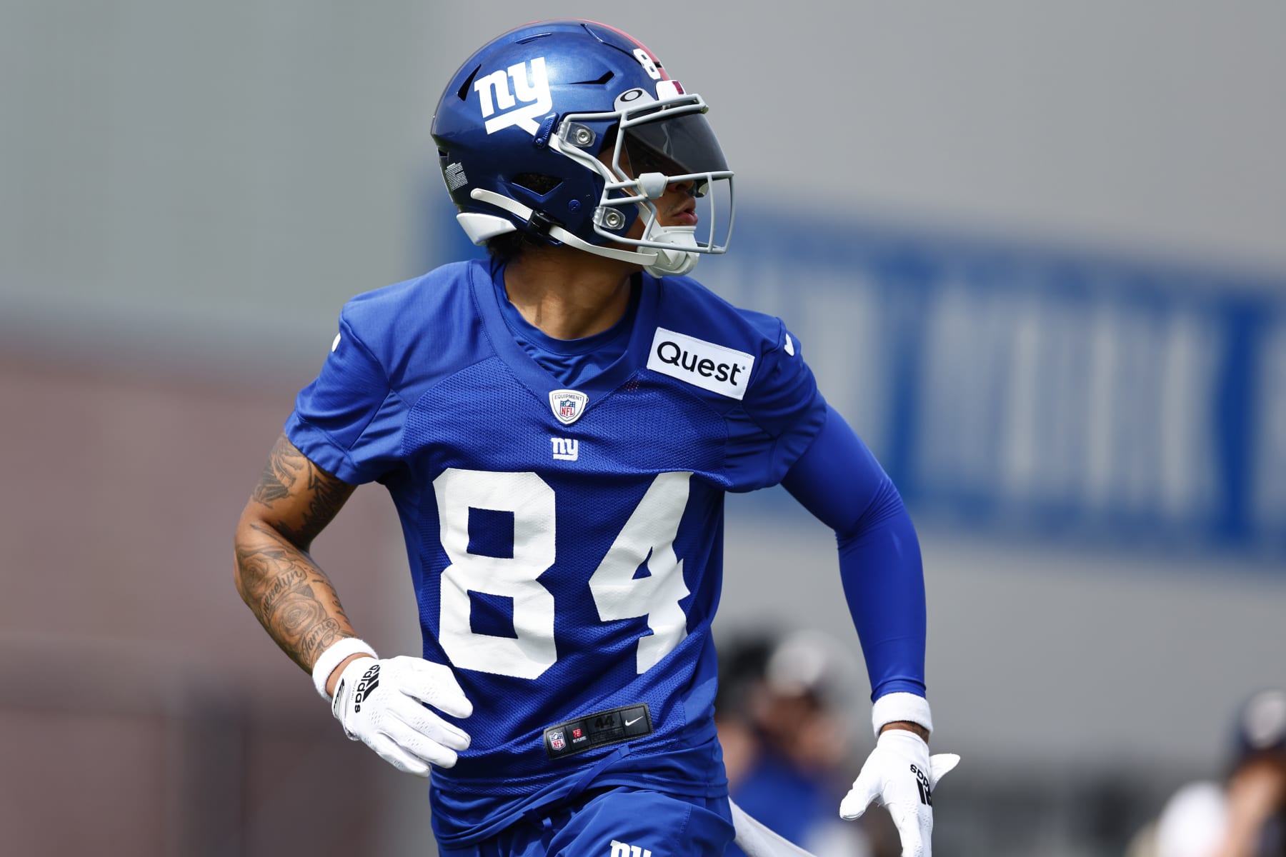 EAST RUTHERFORD, NEW JERSEY - JULY 27: Wide receiver Jalin Hyatt #84 of the New York Giants runs a play during training camp at NY Giants Quest Diagnostics Training Center on July 27, 2023 in East Rutherford, New Jersey. (Photo by Rich Schultz/Getty Images)