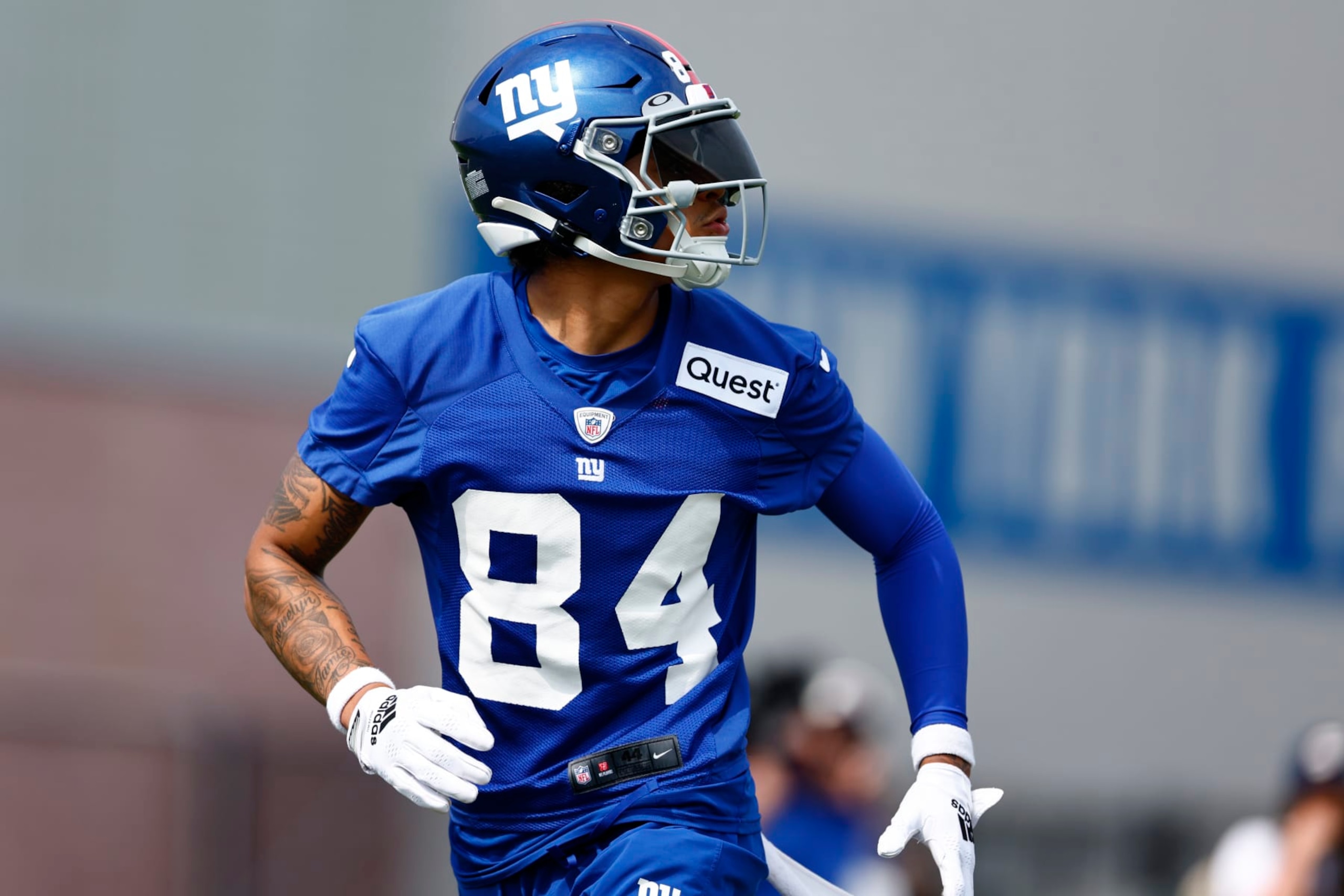 EAST RUTHERFORD, NEW JERSEY - JULY 27: Wide receiver Jalin Hyatt #84 of the New York Giants runs a play during training camp at NY Giants Quest Diagnostics Training Center on July 27, 2023 in East Rutherford, New Jersey. (Photo by Rich Schultz/Getty Images)