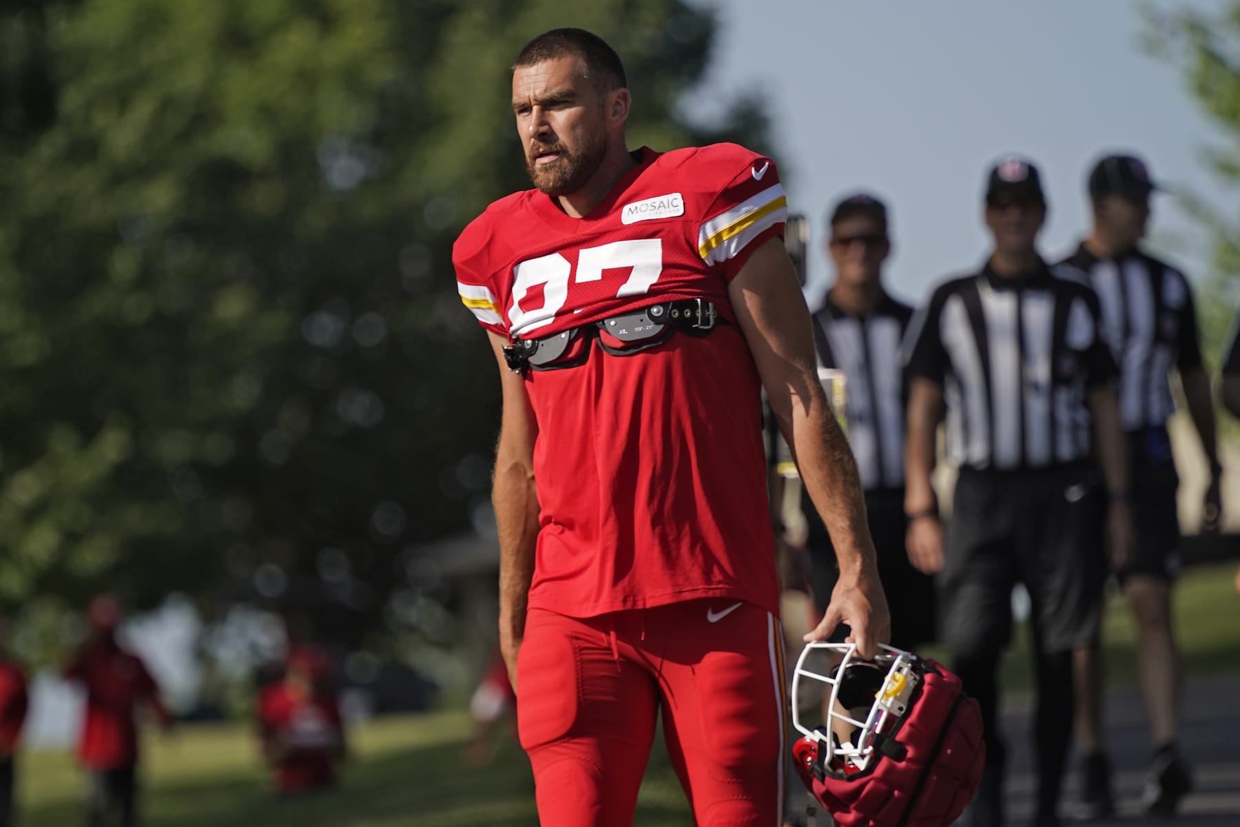 Kansas City Chiefs tight end Travis Kelce arrives at NFL football training camp Friday, July 28, 2023, in St. Joseph, Mo. (AP Photo/Charlie Riedel) Kansas City Chiefs tight end Travis Kelce arrives at NFL football training camp Friday, July 28, 2023, in St. Joseph, Mo. (AP Photo/Charlie Riedel)
