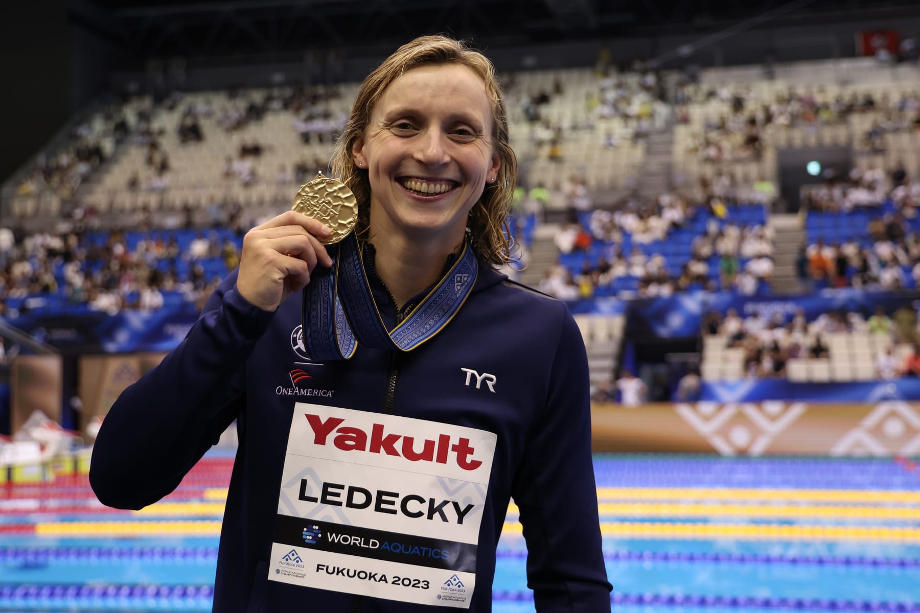 FUKUOKA, JAPAN - JULY 29:  Gold medallist Katie Ledecky of Team United States poses during the medal ceremony of the Women's 800m Freestyle Final on day seven of the Fukuoka 2023 World Aquatics Championships at Marine Messe Fukuoka Hall A on July 29, 2023 in Fukuoka, Japan. (Photo by Sarah Stier/Getty Images)