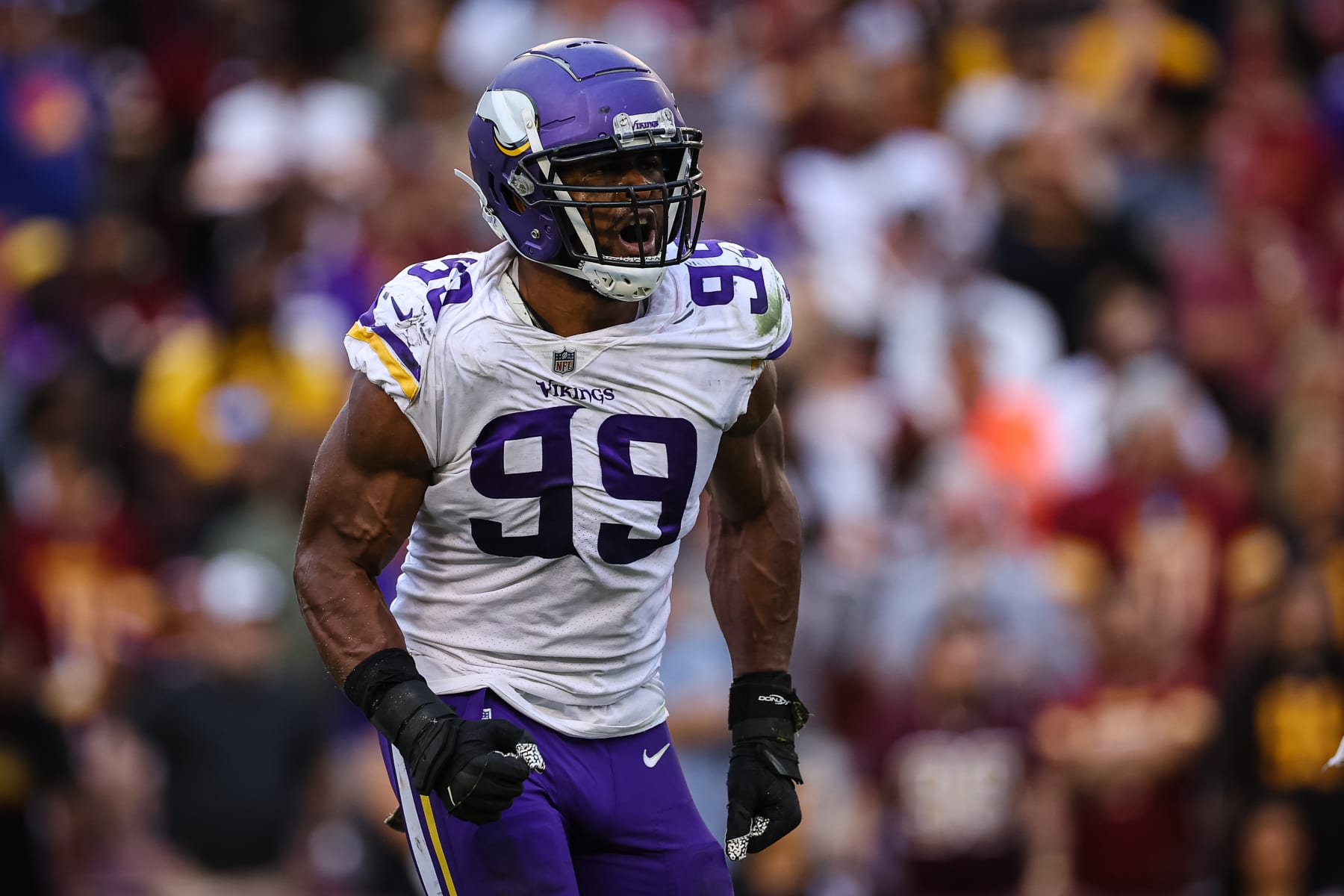 LANDOVER, MD - NOVEMBER 06: Danielle Hunter #99 of the Minnesota Vikings celebrates after a play against the Washington Commanders during the second half of the game at FedExField on November 6, 2022 in Landover, Maryland. (Photo by Scott Taetsch/Getty Images)