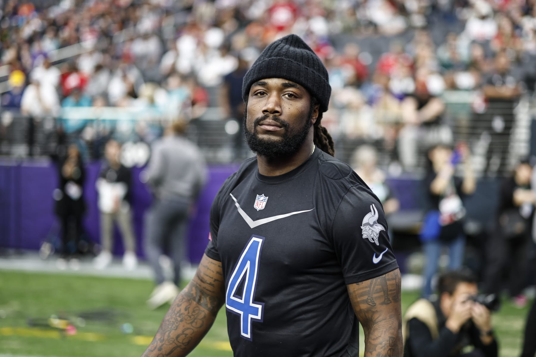 LAS VEGAS, NEVADA - FEBRUARY 05: LAS VEGAS, NEVADA - FEBRUARY 05: NFC running back Dalvin Cook #4 of the Minnesota Vikings looks on during an NFL Pro Bowl football game at Allegiant Stadium on February 05, 2023 in Las Vegas, Nevada. (Photo by Michael Owens/Getty Images)