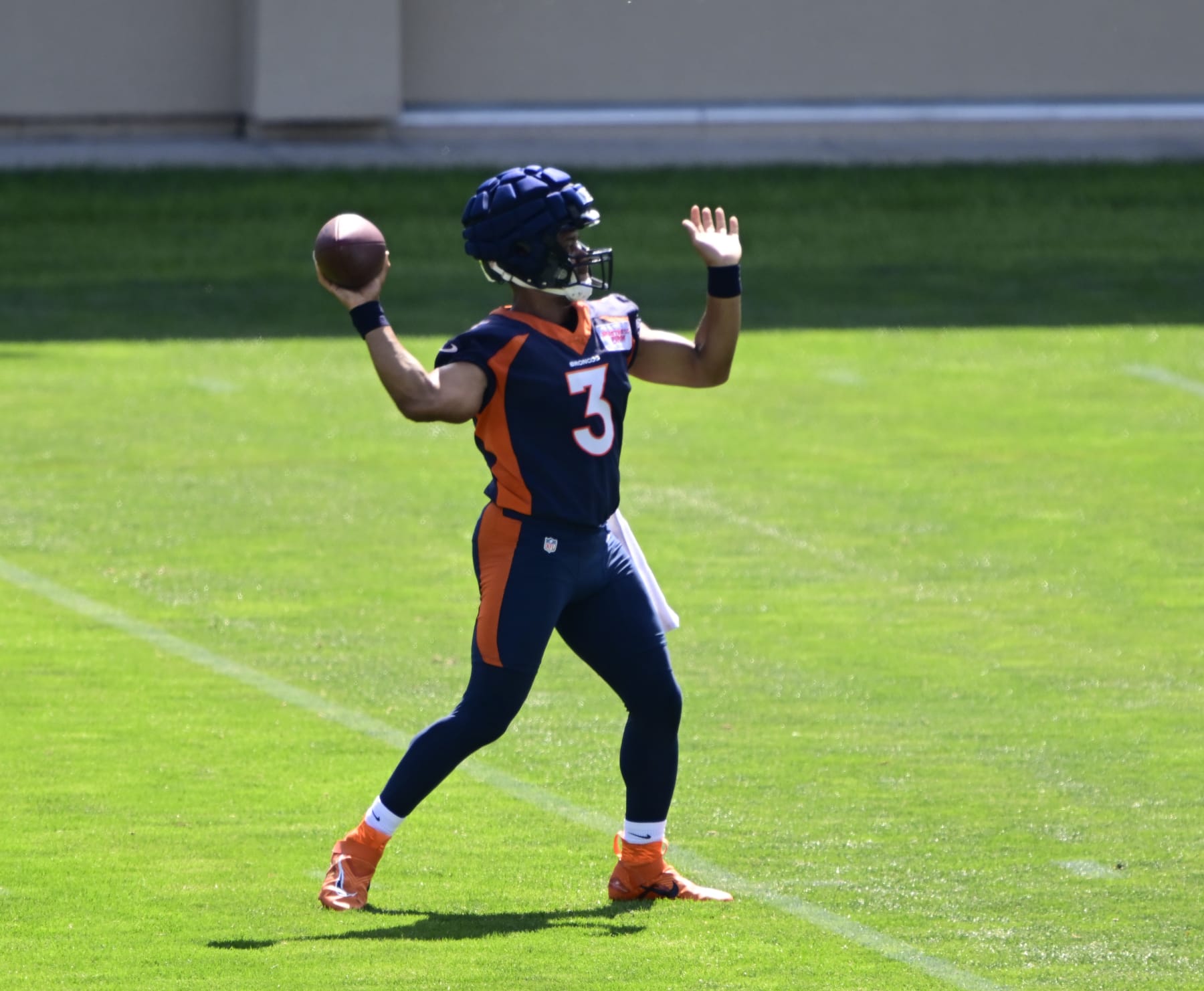 ENGLEWOOD, CO - JULY 28: Denver Broncos quarterback Russell Wilson (3) during training camp at Centura Health Training Center July 28, 2023. (Photo by Andy Cross/MediaNews Group/The Denver Post via Getty Images)