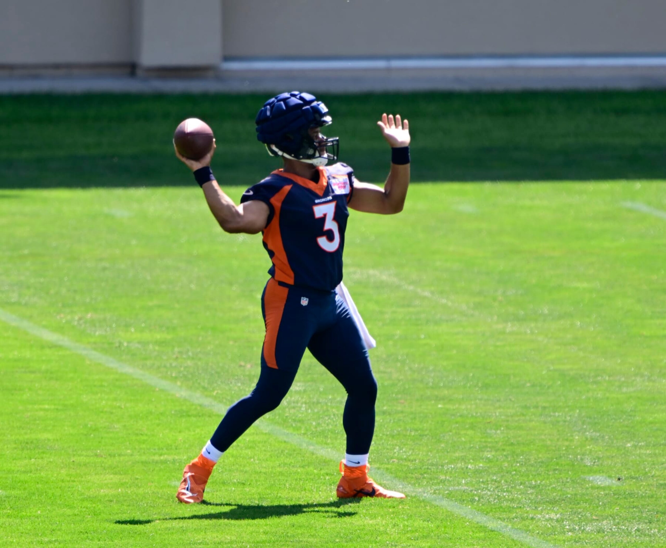 ENGLEWOOD, CO - JULY 28: Denver Broncos quarterback Russell Wilson (3) during training camp at Centura Health Training Center July 28, 2023. (Photo by Andy Cross/MediaNews Group/The Denver Post via Getty Images)