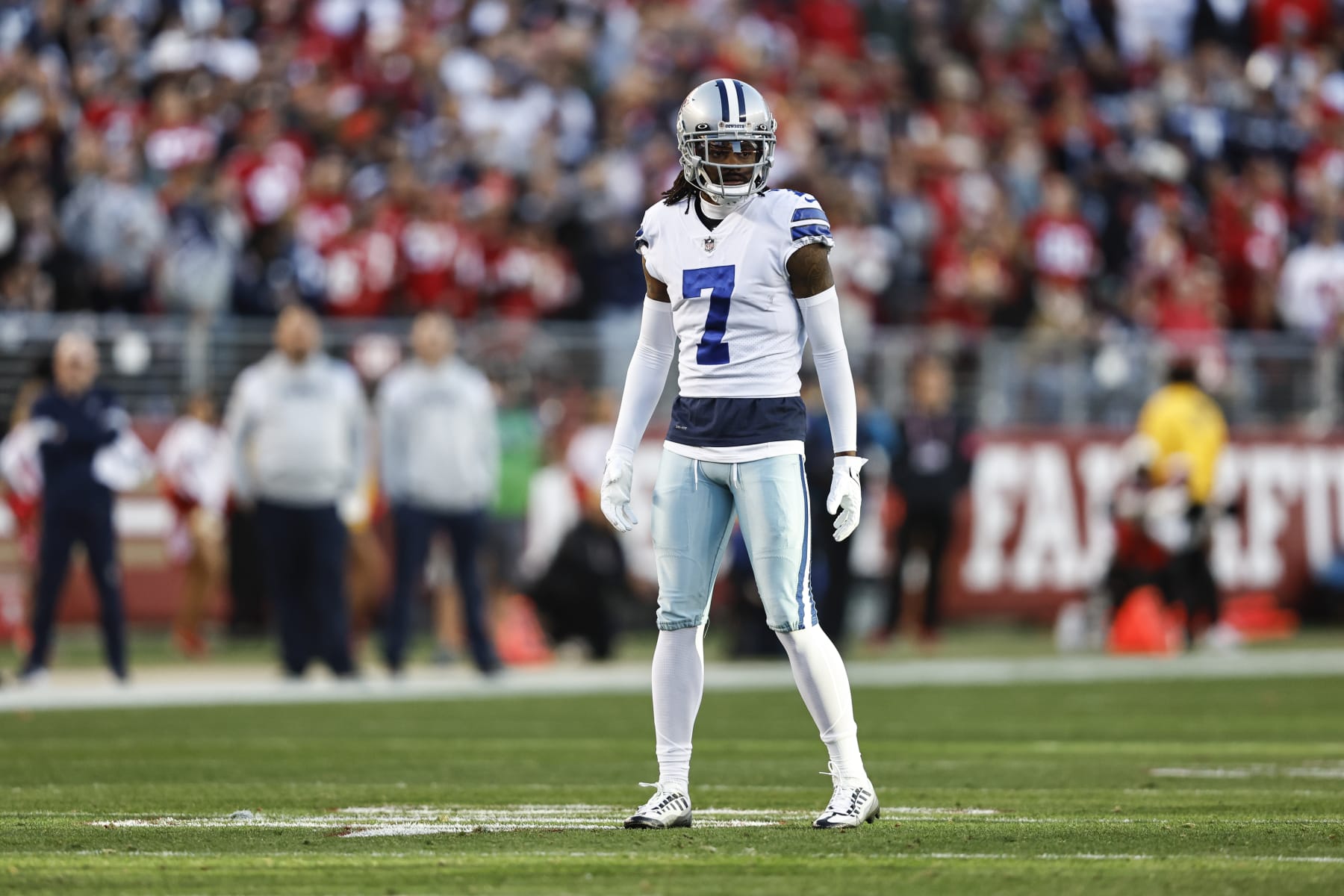SANTA CLARA, CALIFORNIA - JANUARY 22: Trevon Diggs #7 of the Dallas Cowboys looks on during an NFL divisional round playoff football game between the San Francisco 49ers and the Dallas Cowboys at Levi's Stadium on January 22, 2023 in Santa Clara, California. (Photo by Michael Owens/Getty Images) SANTA CLARA, CALIFORNIA - JANUARY 22: Trevon Diggs #7 of the Dallas Cowboys looks on during an NFL divisional round playoff football game between the San Francisco 49ers and the Dallas Cowboys at Levi's Stadium on January 22, 2023 in Santa Clara, California. (Photo by Michael Owens/Getty Images)