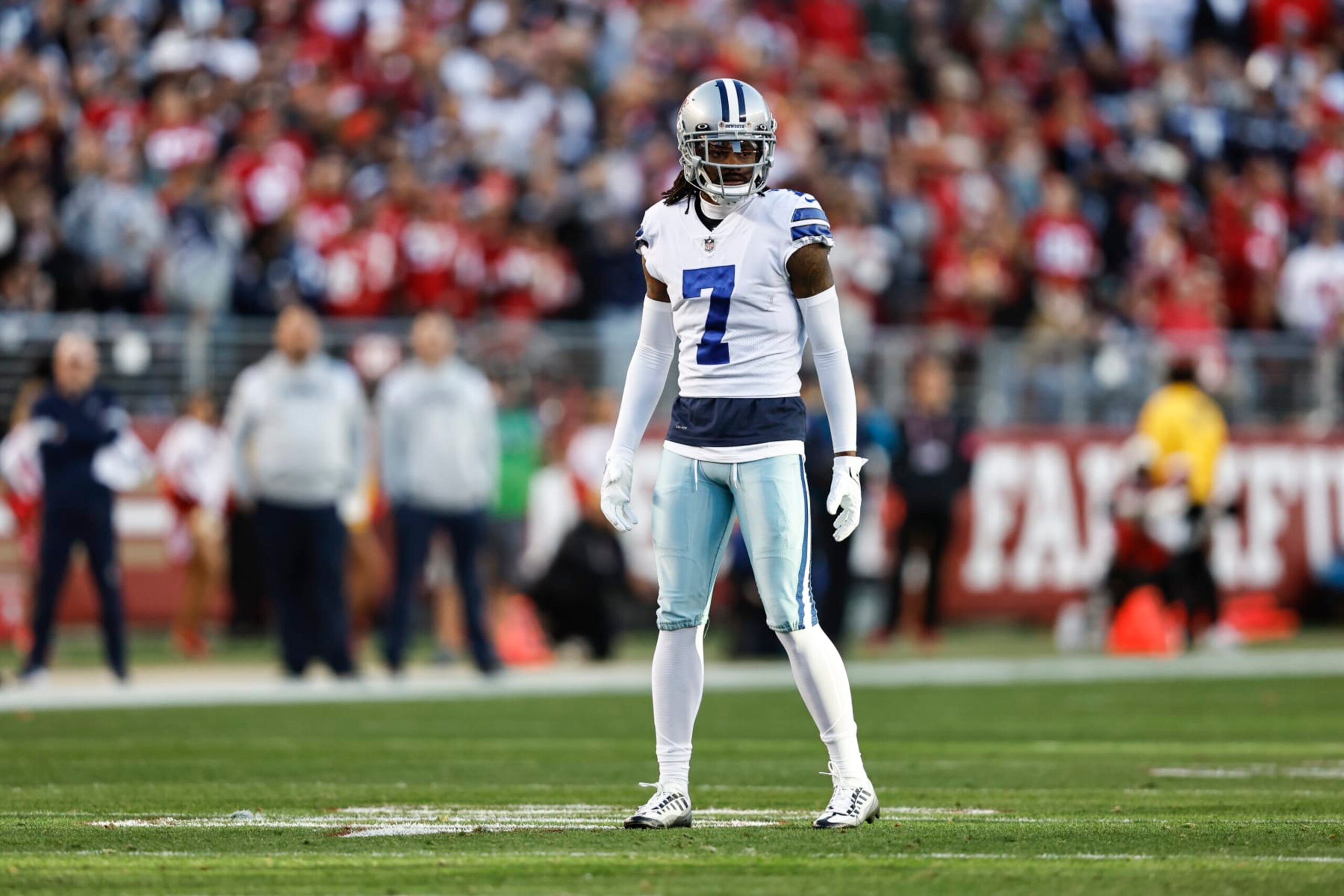 SANTA CLARA, CALIFORNIA - JANUARY 22: Trevon Diggs #7 of the Dallas Cowboys looks on during an NFL divisional round playoff football game between the San Francisco 49ers and the Dallas Cowboys at Levi's Stadium on January 22, 2023 in Santa Clara, California. (Photo by Michael Owens/Getty Images)
