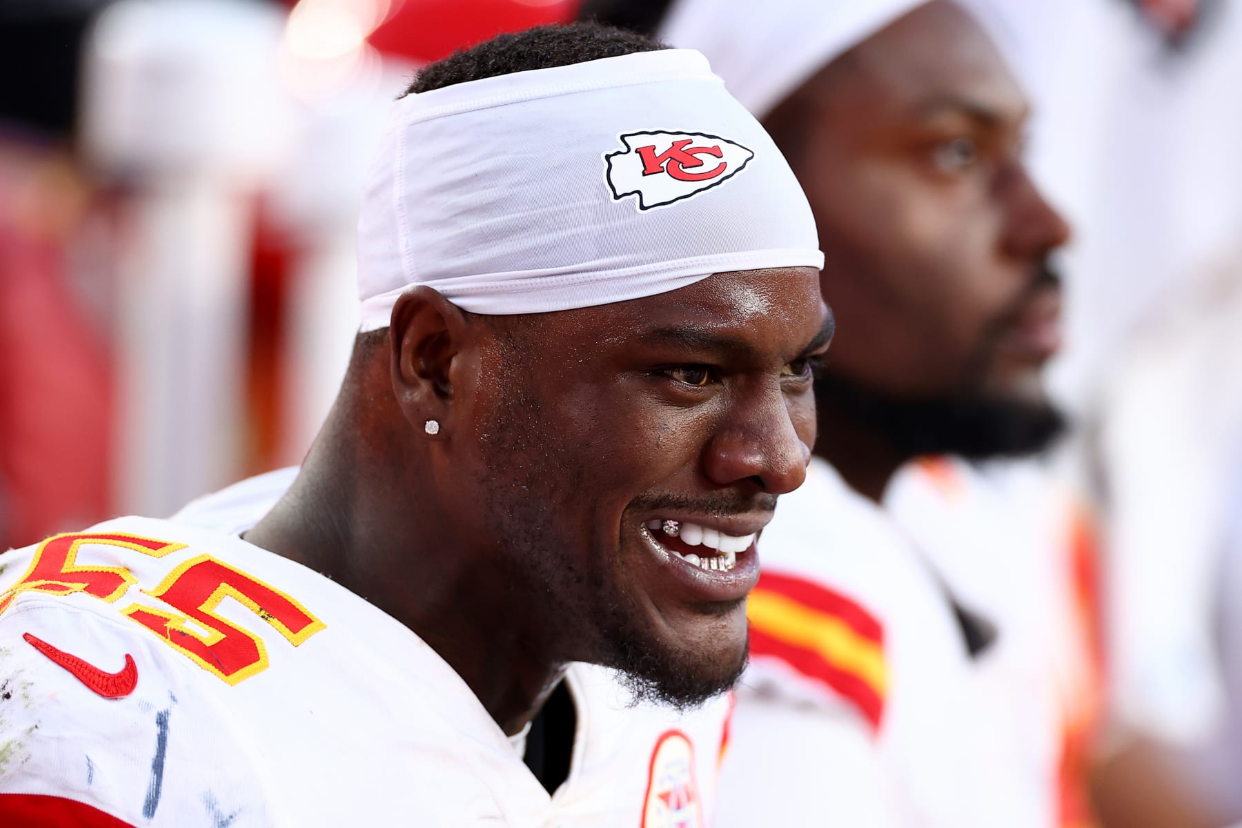 DENVER, COLORADO - DECEMBER 11: Frank Clark #55 of the Kansas City Chiefs looks on in the second half of a game against the Denver Broncos at Empower Field At Mile High on December 11, 2022 in Denver, Colorado. (Photo by Jamie Schwaberow/Getty Images)