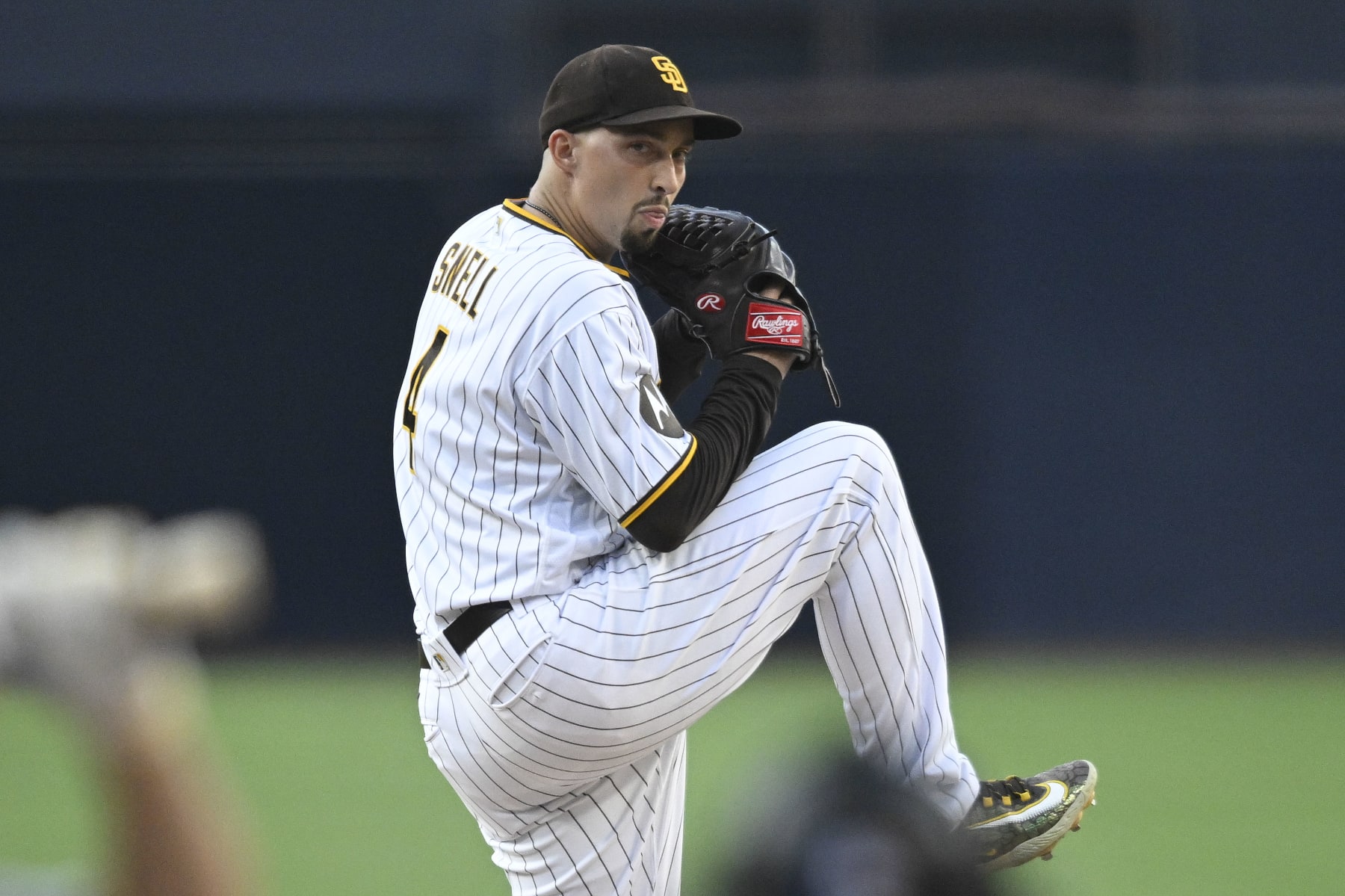 SAN DIEGO, CA - JULY 25: Blake Snell #4 of the San Diego Padres pitches during the first inning of a baseball game against the Pittsburgh Pirates July 25, 2023 at Petco Park in San Diego, California. (Photo by Denis Poroy/Getty Images)