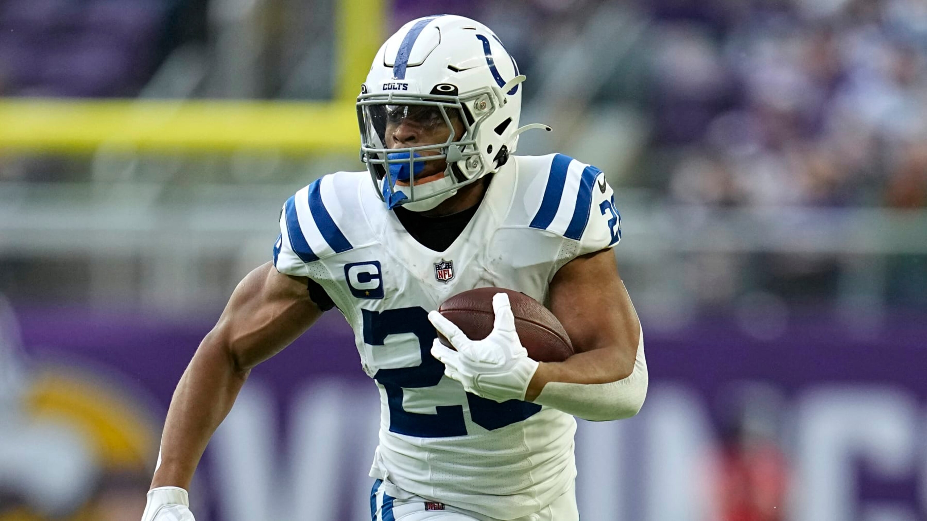 Indianapolis Colts running back Jonathan Taylor runs up field during the first half of an NFL football game against the Minnesota Vikings, Saturday, Dec. 17, 2022, in Minneapolis. (AP Photo/Abbie Parr)