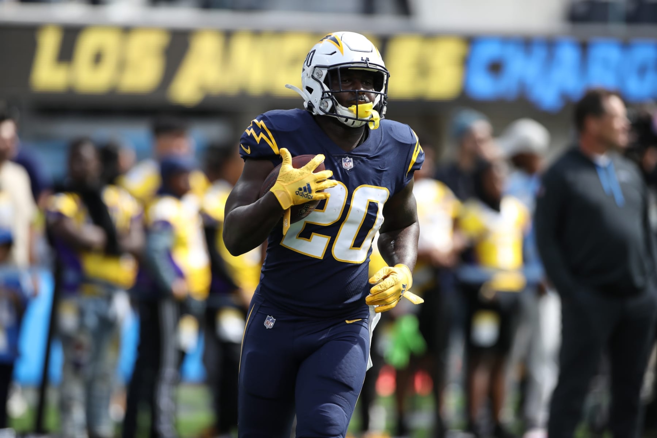 INGLEWOOD, CA - OCTOBER 23: Los Angeles Chargers running back Sony Michel (20) during the Seattle Seahawks vs Los Angeles Chargers on October 23, 2022, at SoFi Stadium in Inglewood, CA. (Photo by Jevone Moore/Icon Sportswire via Getty Images)