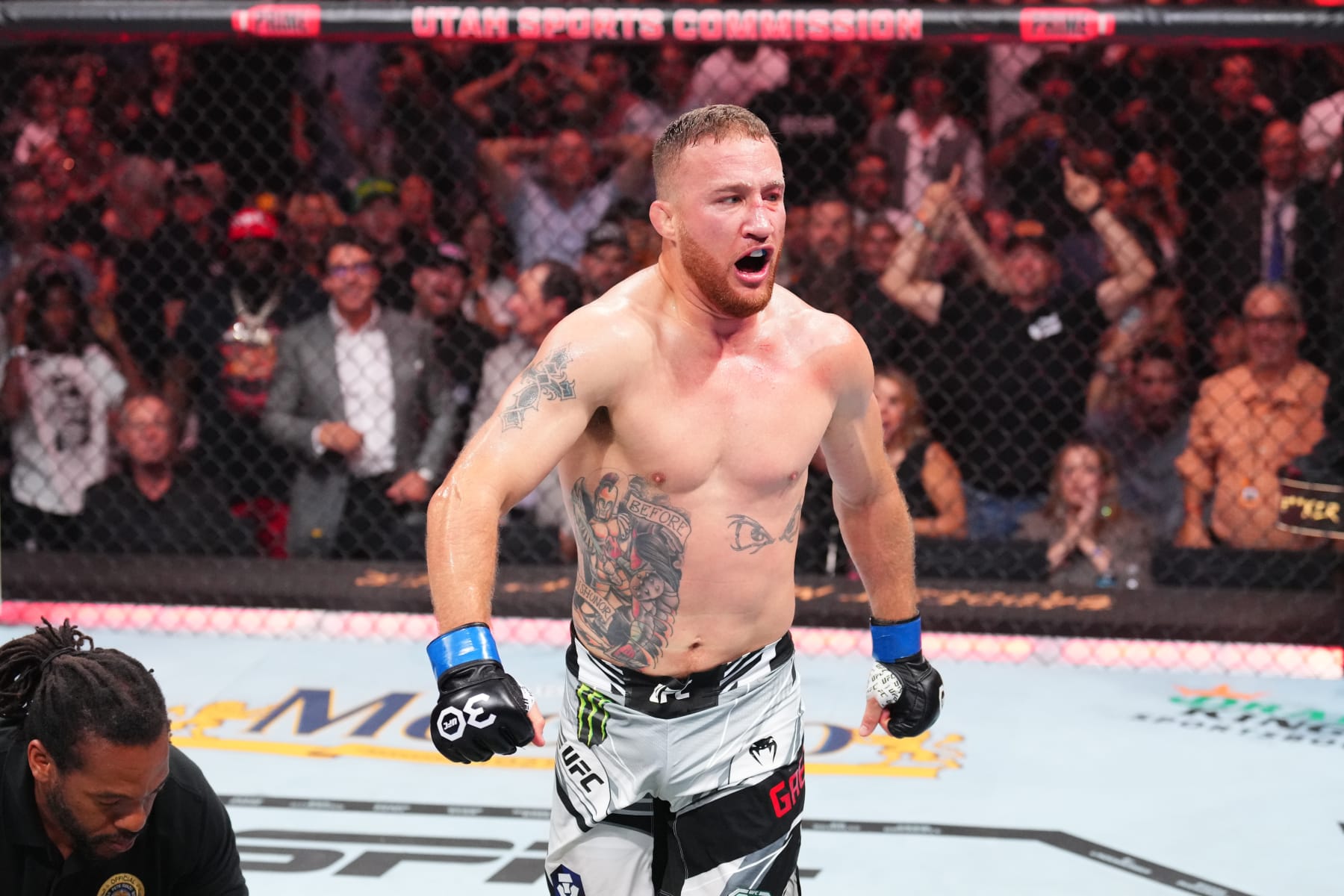 SALT LAKE CITY, UTAH - JULY 29: Justin Gaethje celebrates his KO victory over Dustin Poirier in a lightweight fight for the BMF belt during the UFC 291 event at Delta Center on July 29, 2023 in Salt Lake City, Utah. (Photo by Josh Hedges/Zuffa LLC via Getty Images)