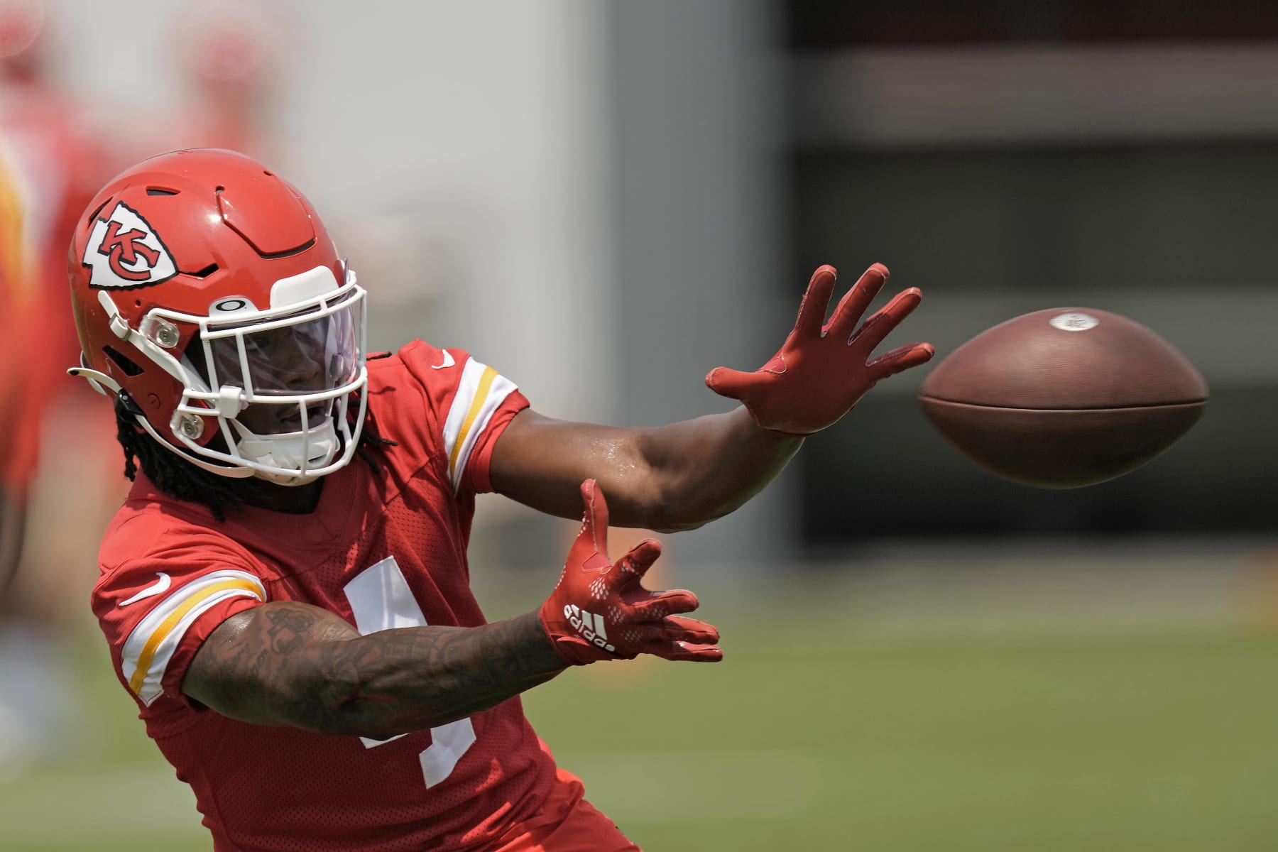 FILE - Kansas City Chiefs wide receiver Rashee Rice catches a pass during the NFL football team's organized team activities Thursday, June 1, 2023, in Kansas City, Mo. Rice knows the Chiefs have high expectations after spending a second-round pick on him. Especially given how much their rookies produced last season. (AP Photo/Charlie Riedel, File)