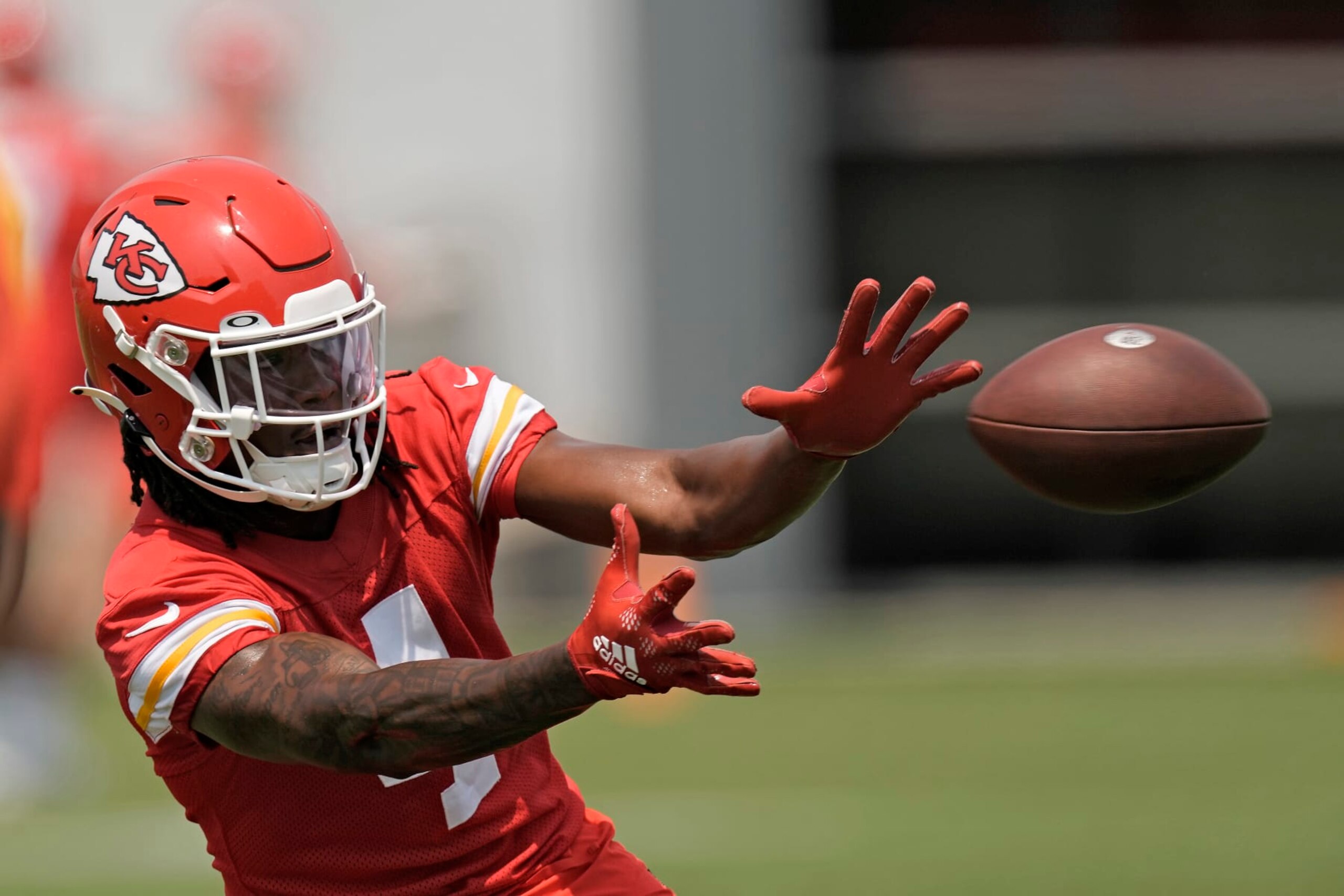 FILE - Kansas City Chiefs wide receiver Rashee Rice catches a pass during the NFL football team's organized team activities Thursday, June 1, 2023, in Kansas City, Mo. Rice knows the Chiefs have high expectations after spending a second-round pick on him. Especially given how much their rookies produced last season. (AP Photo/Charlie Riedel, File)