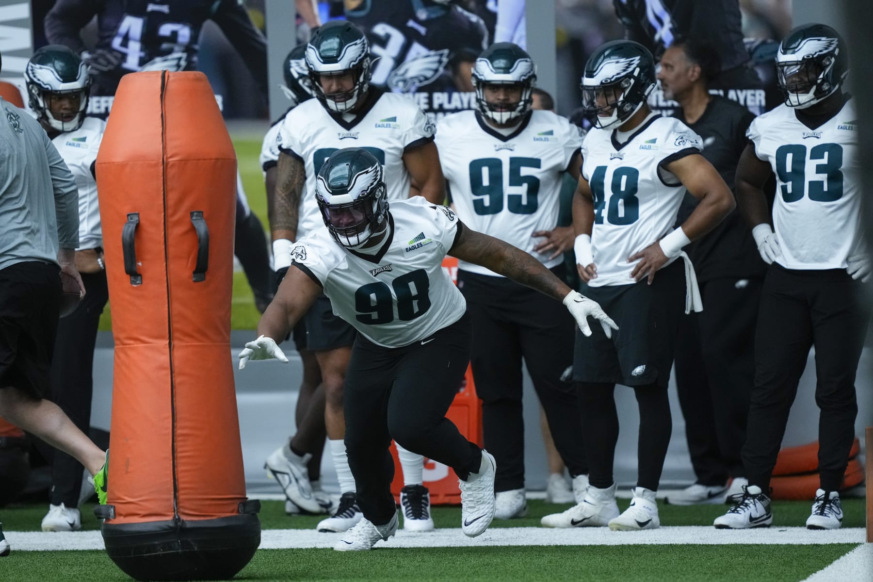 Philadelphia Eagles' Jalen Carter runs a drill during practice at the NFL football teams training facility in Philadelphia, Thursday, June 8, 2023. (AP Photo/Matt Rourke)