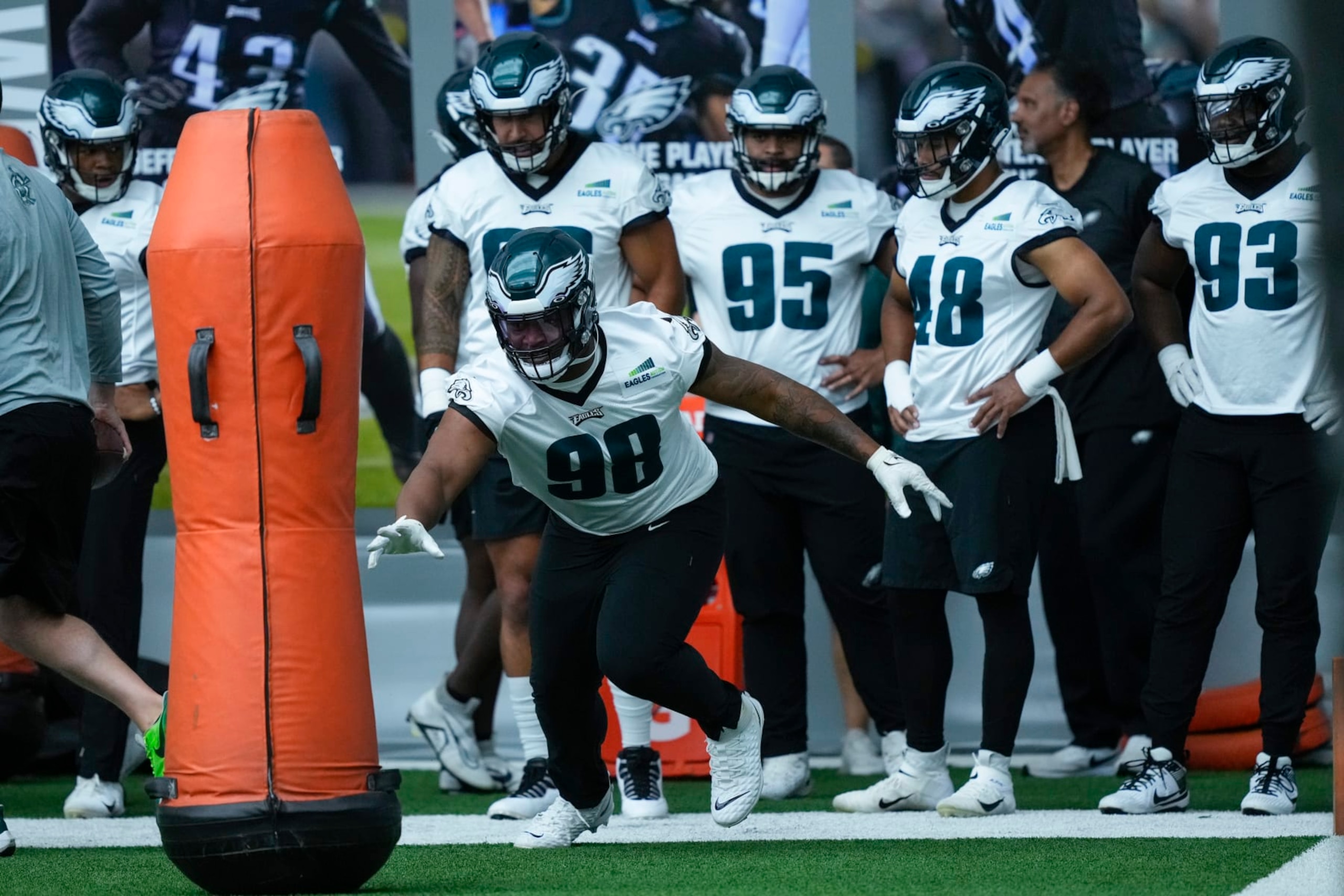 Philadelphia Eagles' Jalen Carter runs a drill during practice at the NFL football teams training facility in Philadelphia, Thursday, June 8, 2023. (AP Photo/Matt Rourke)