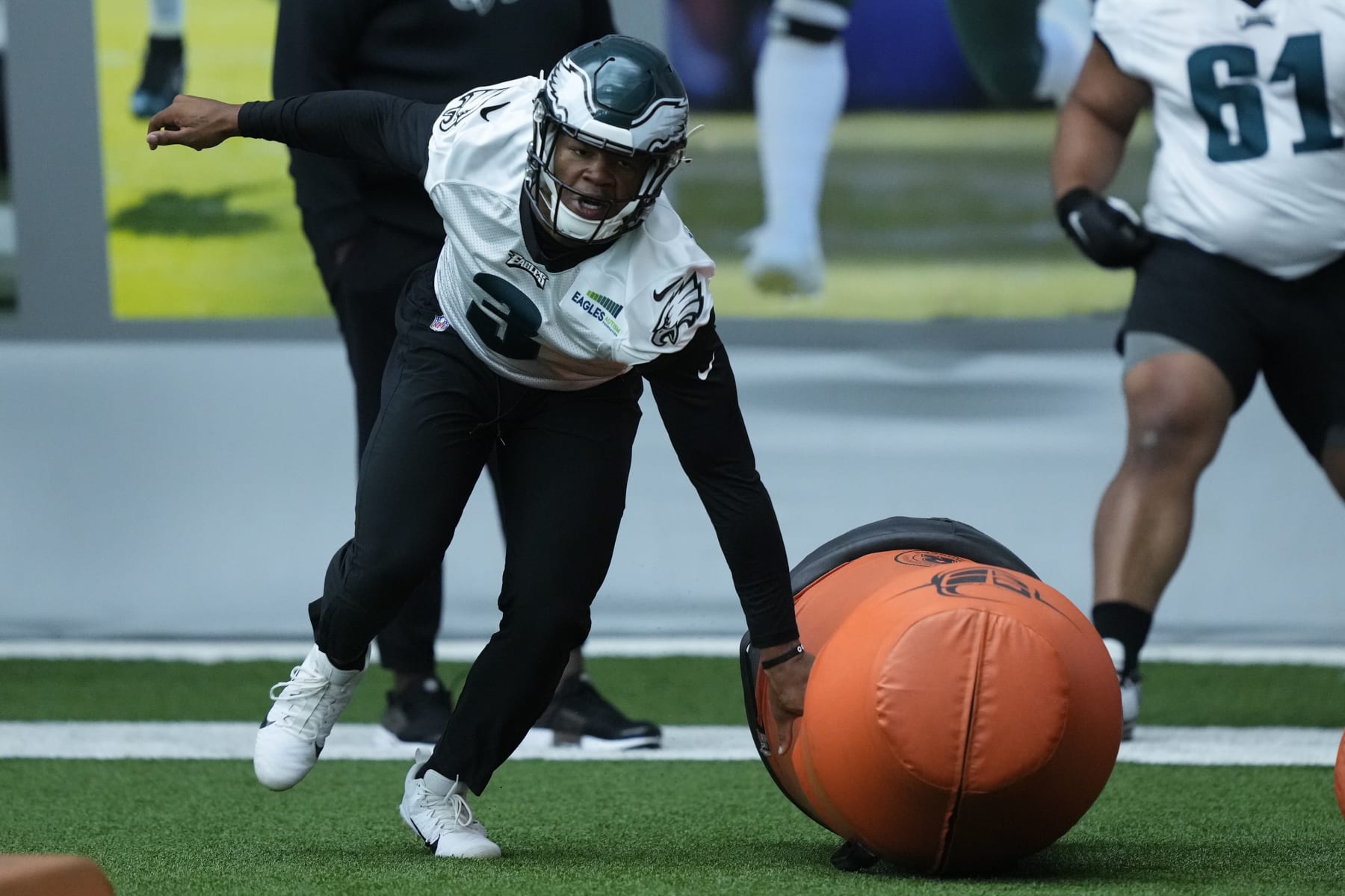 Philadelphia Eagles' Nolan Smith runs a drill during practice at the NFL football teams training facility in Philadelphia, Thursday, June 8, 2023. (AP Photo/Matt Rourke)