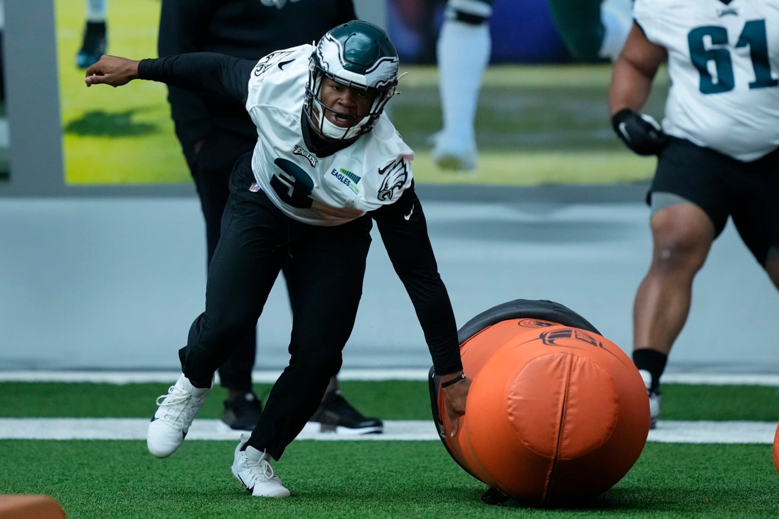 Philadelphia Eagles' Nolan Smith runs a drill during practice at the NFL football teams training facility in Philadelphia, Thursday, June 8, 2023. (AP Photo/Matt Rourke)