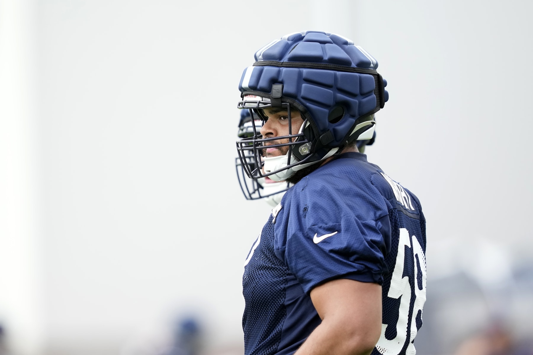 Chicago Bears offensive tackle Darnell Wright participates in the NFL football team's Back Together training camp event for fans on Saturday, July 29, 2023, in Lake Forest , Ill. (AP Photo/Charles Rex Arbogast)