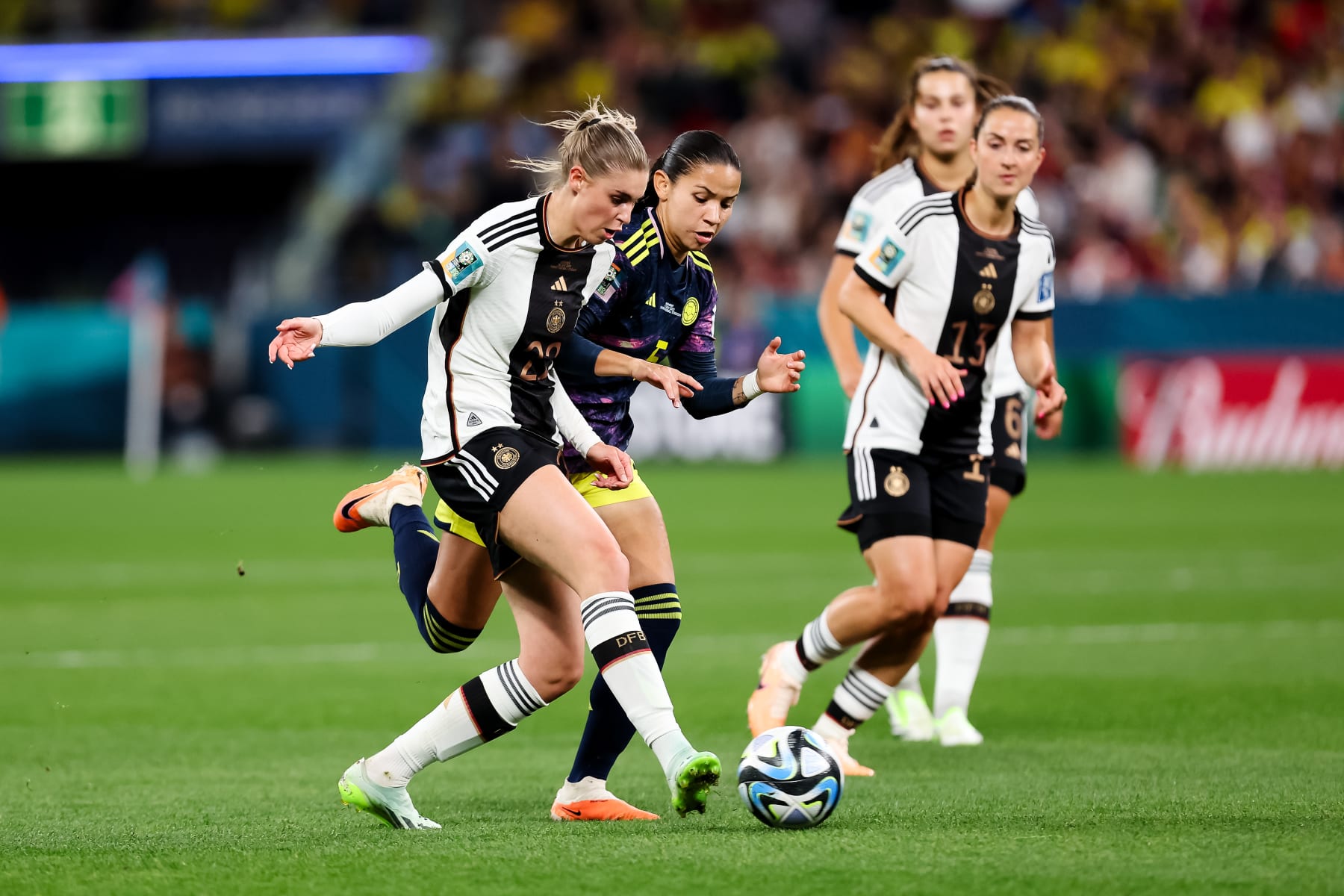 SYDNEY, AUSTRALIA - JULY 30: Jule Brand of Germany  passes the ball during the Women's World Cup football match between Germany and Colombia at Allianz Stadium on July 30, 2023 in Sydney, Australia. (Photo by Damian Briggs/Speed Media/Icon Sportswire via Getty Images)