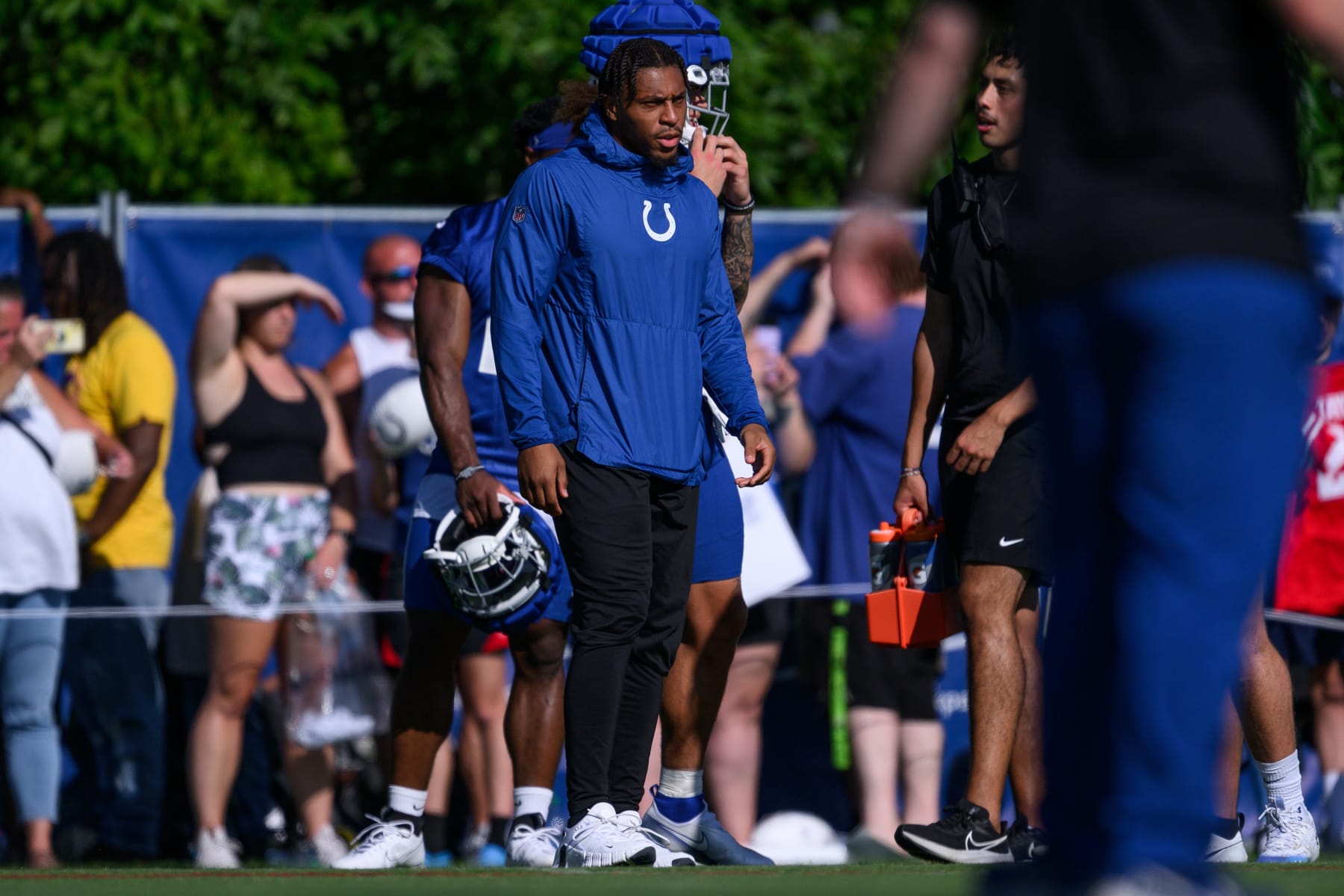 WESTFIELD, IN - JULY 29: Indianapolis Colts running back Jonathan Taylor (28) watches a drill during the Indianapolis Colts Training Camp on July 29, 2023 at the Grand Park Sports Campus in Westfield, IN. (Photo by Zach Bolinger/Icon Sportswire via Getty Images)