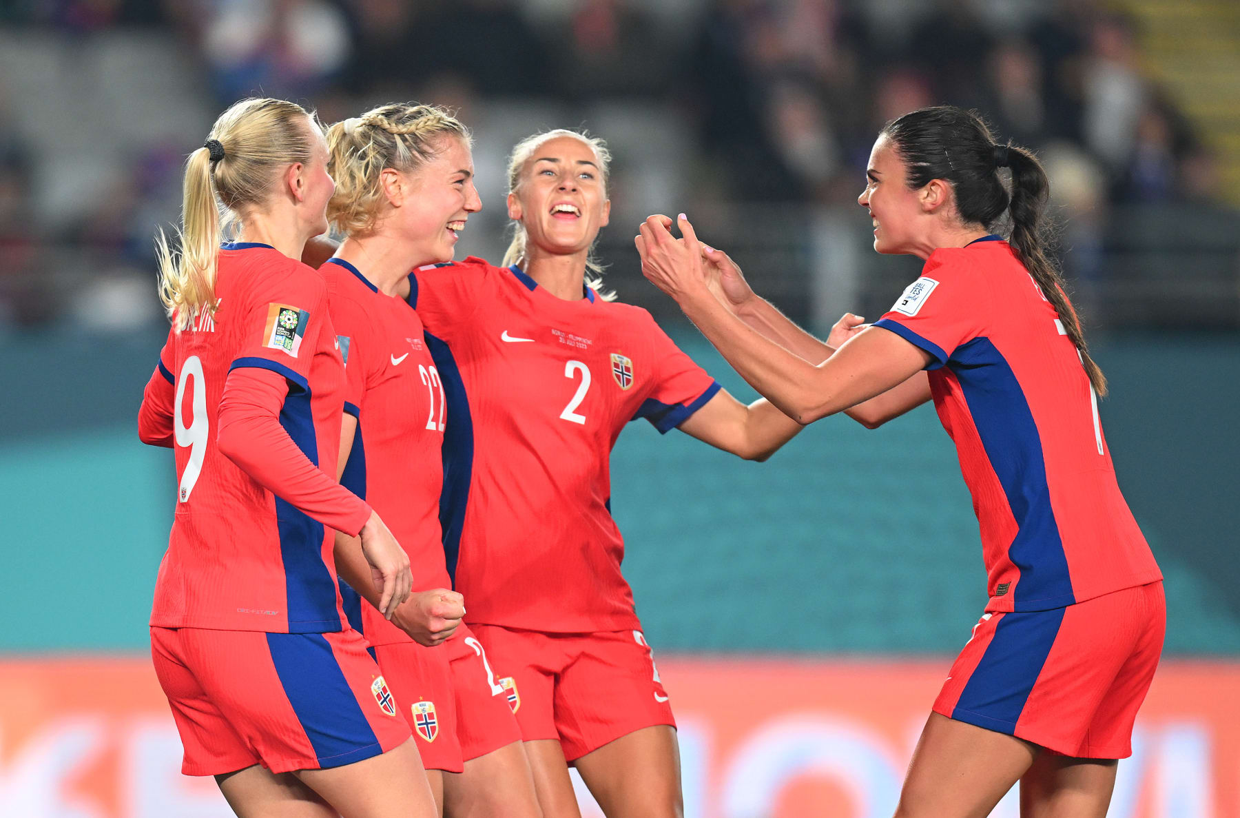 AUCKLAND, NEW ZEALAND - JULY 30: Karina Saevik, Sophie Roman Haug, Anja Sonstevold and Ingrid Syrstad Engen of Norway celebrate following their sides victory after the FIFA Women's World Cup Australia & New Zealand 2023 Group A match between Norway and Philippines at Eden Park on July 30, 2023 in Auckland / TÄmaki Makaurau, New Zealand. (Photo by Hannah Peters - FIFA/FIFA via Getty Images)