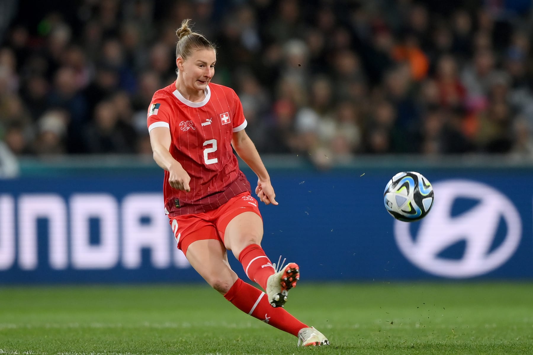 DUNEDIN, NEW ZEALAND - JULY 30: Gaelle Thalmann of Switzerland passes the ball during the FIFA Women's World Cup Australia & New Zealand 2023 Group A match between Switzerland and New Zealand at Dunedin Stadium on July 30, 2023 in Dunedin / Åtepoti, New Zealand. (Photo by Harriet Lander - FIFA/FIFA via Getty Images)