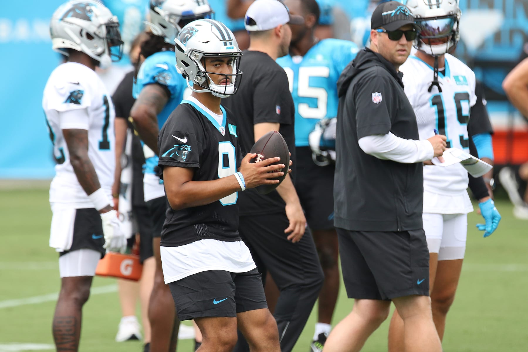 SPARTANBURG, SC - JULY 29: Carolina Panthers quarterback Bryce Young (9) during the NFL Carolina Panthers training camp on July 29, 2023, at Wofford College campus in Spartanburg, S.C. (Photo by John Byrum/Icon Sportswire via Getty Images)