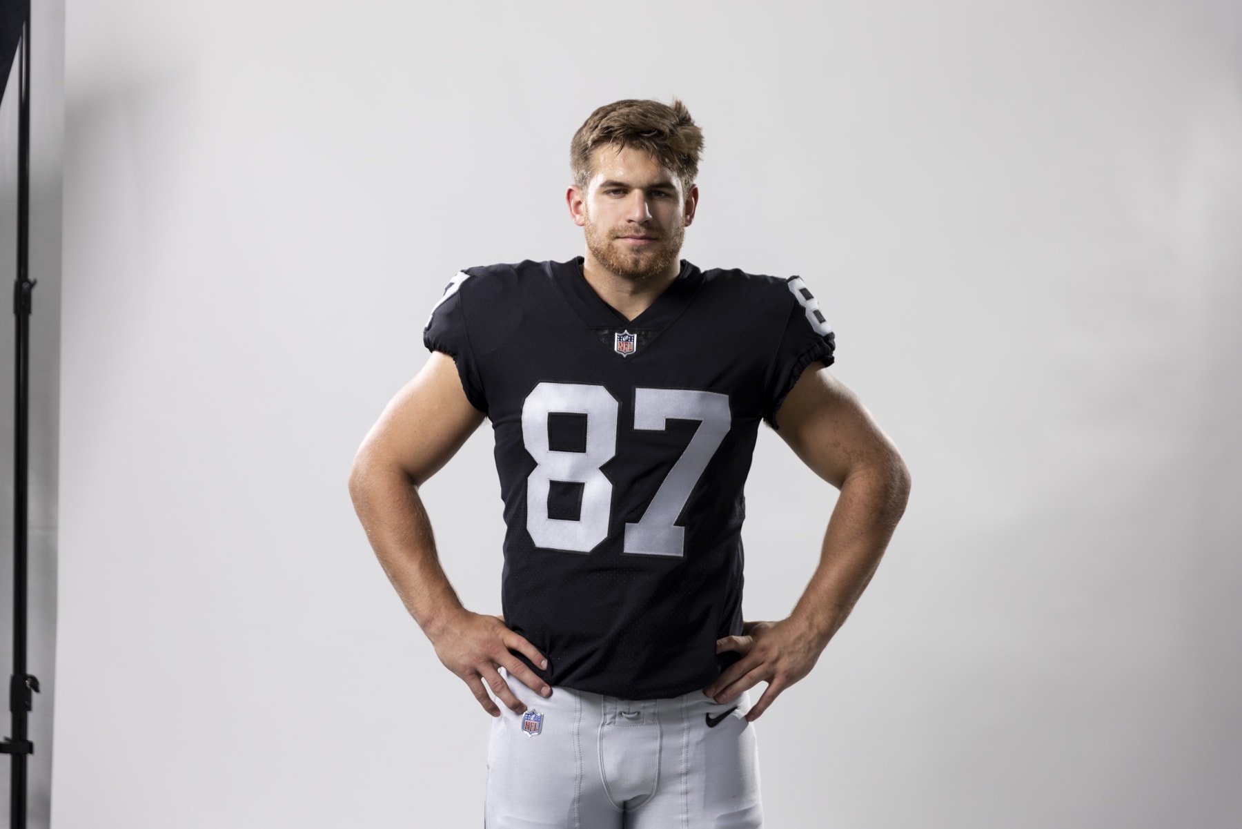 LOS ANGELES, CALIFORNIA - MAY 20: Michael Mayer #87 of the Las Vegas Raiders poses for a portrait during the NFLPA Rookie Premiere on May 20, 2023 in Los Angeles, California. (Photo by Michael Owens/Getty Images)