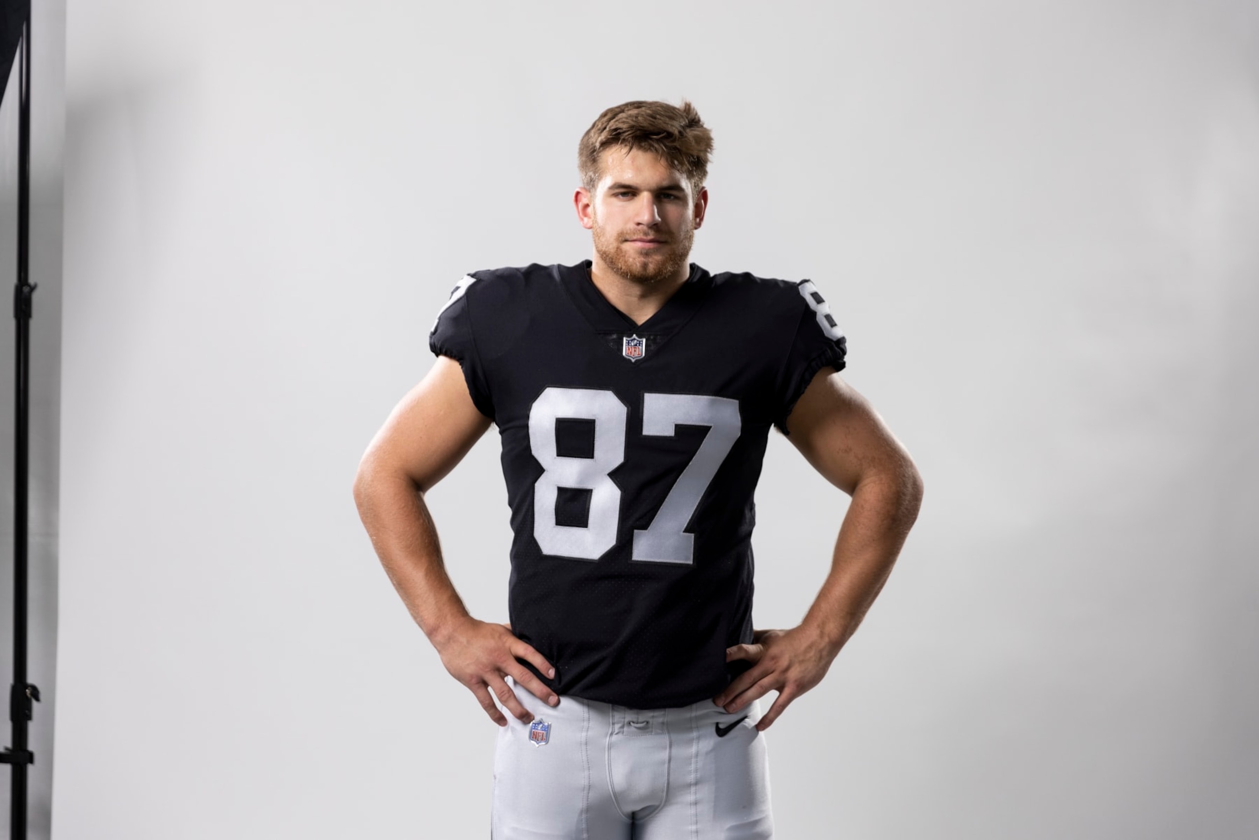 LOS ANGELES, CALIFORNIA - MAY 20: Michael Mayer #87 of the Las Vegas Raiders poses for a portrait during the NFLPA Rookie Premiere on May 20, 2023 in Los Angeles, California. (Photo by Michael Owens/Getty Images)