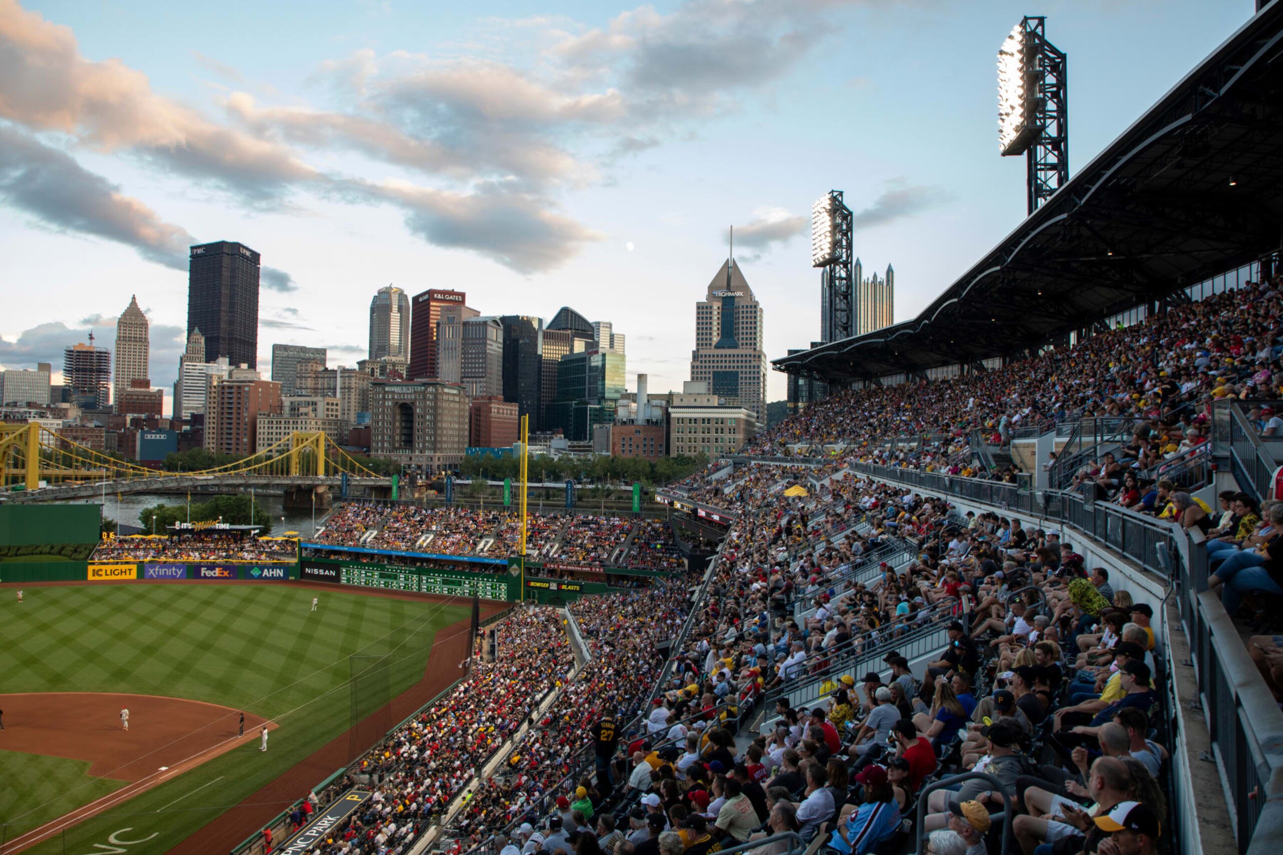 PITTSBURGH, PA - JULY 29: A general view of PNC Park with a sellout crowd of 38,434 during a regular season game between the Philadelphia Phillies and Pittsburgh Pirates on July 29, 2023, at PNC Park in Pittsburgh, PA. (Photo by Brandon Sloter/Icon Sportswire via Getty Images)
