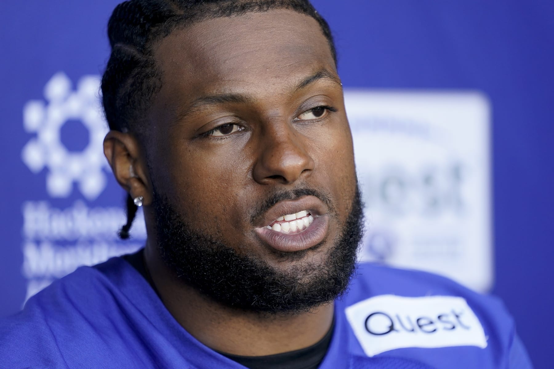 New York Giants linebacker Kayvon Thibodeaux (5) speaks to members of the media at the NFL football team's practice facility, Wednesday, May 31, 2023, in East Rutherford, N.J. (AP Photo/John Minchillo)