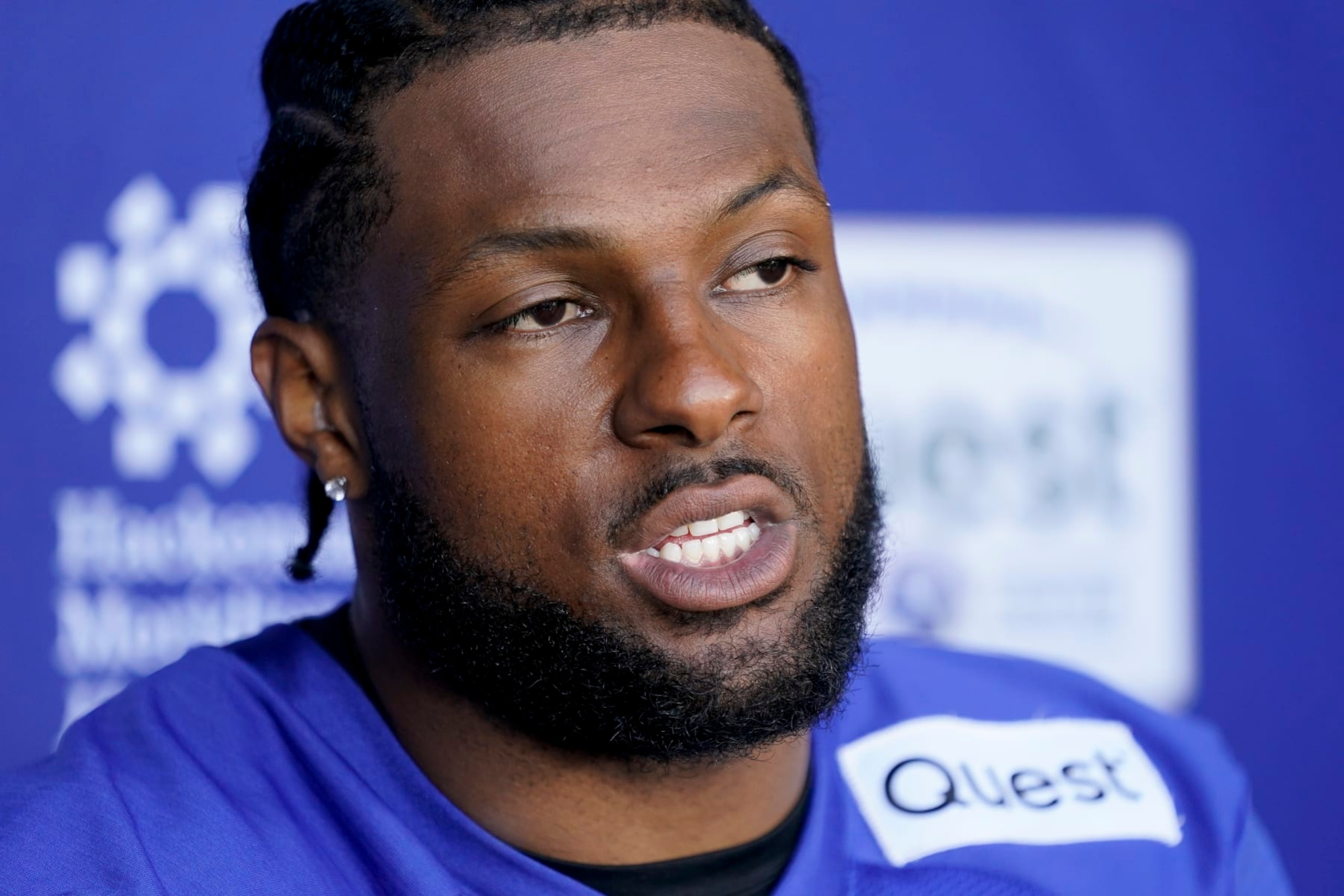 New York Giants linebacker Kayvon Thibodeaux (5) speaks to members of the media at the NFL football team's practice facility, Wednesday, May 31, 2023, in East Rutherford, N.J. (AP Photo/John Minchillo)