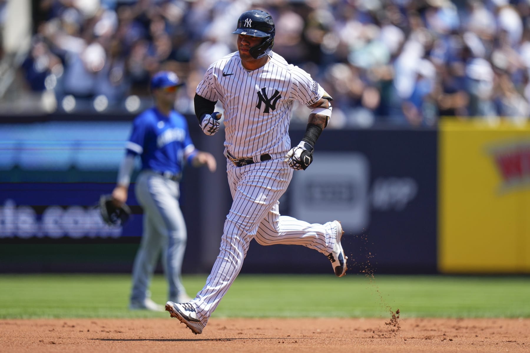 New York Yankees' Gleyber Torres runs the bases after hitting a two-run home run during a baseball game against the Kansas City Royals, Sunday, July 23, 2023, in New York. (AP Photo/Frank Franklin II)