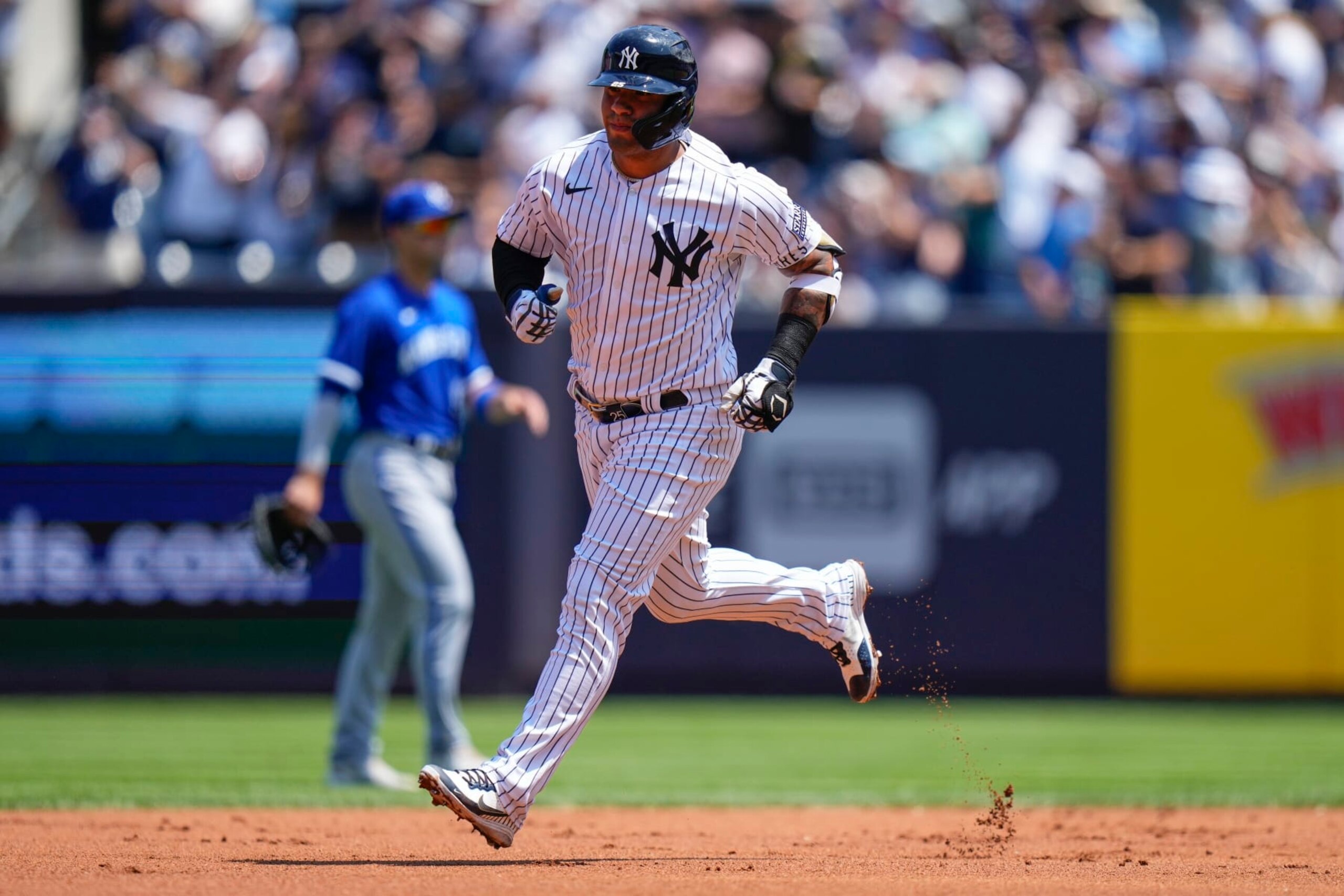 New York Yankees' Gleyber Torres runs the bases after hitting a two-run home run during a baseball game against the Kansas City Royals, Sunday, July 23, 2023, in New York. (AP Photo/Frank Franklin II)