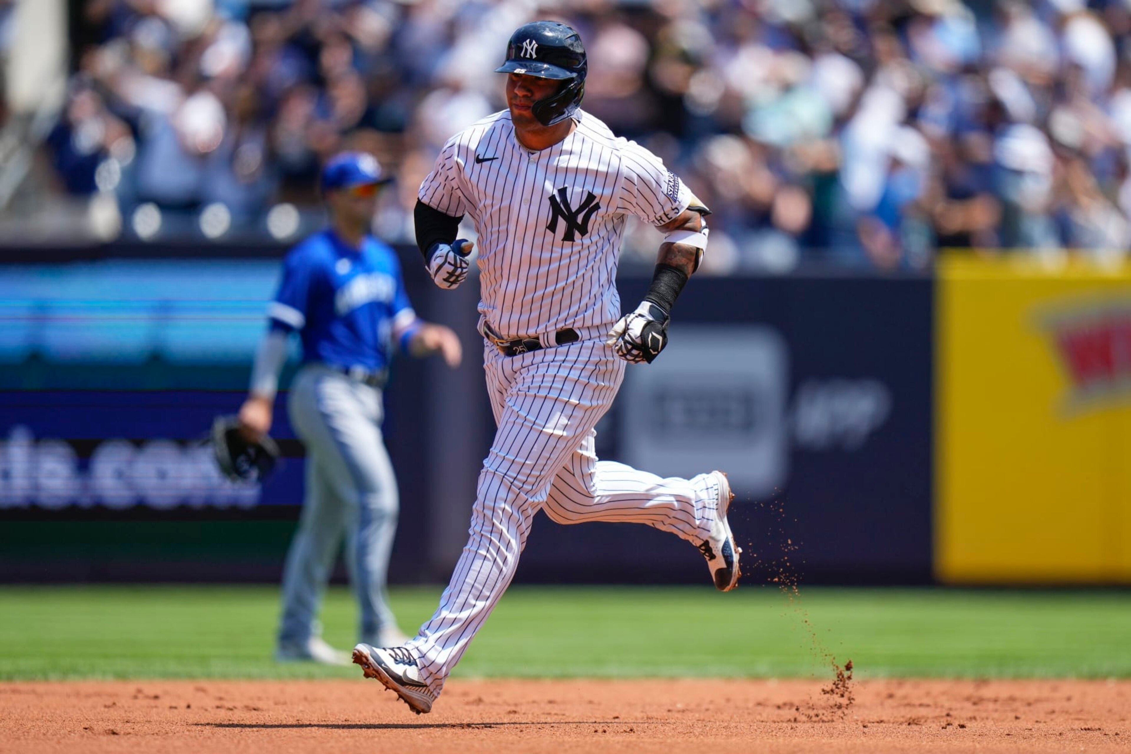 New York Yankees' Gleyber Torres runs the bases after hitting a two-run home run during a baseball game against the Kansas City Royals, Sunday, July 23, 2023, in New York. (AP Photo/Frank Franklin II)