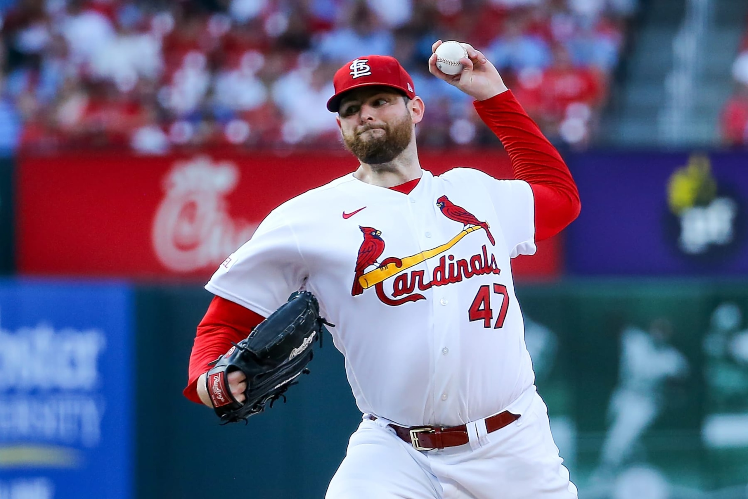 ST. LOUIS, MO - JULY 18: Jordan Montgomery #47 of the St. Louis Cardinals delivers a pitch during the first inning against the Miami Marlins at Busch Stadium on July 18, 2023 in St. Louis, Missouri. (Photo by Scott Kane/Getty Images)