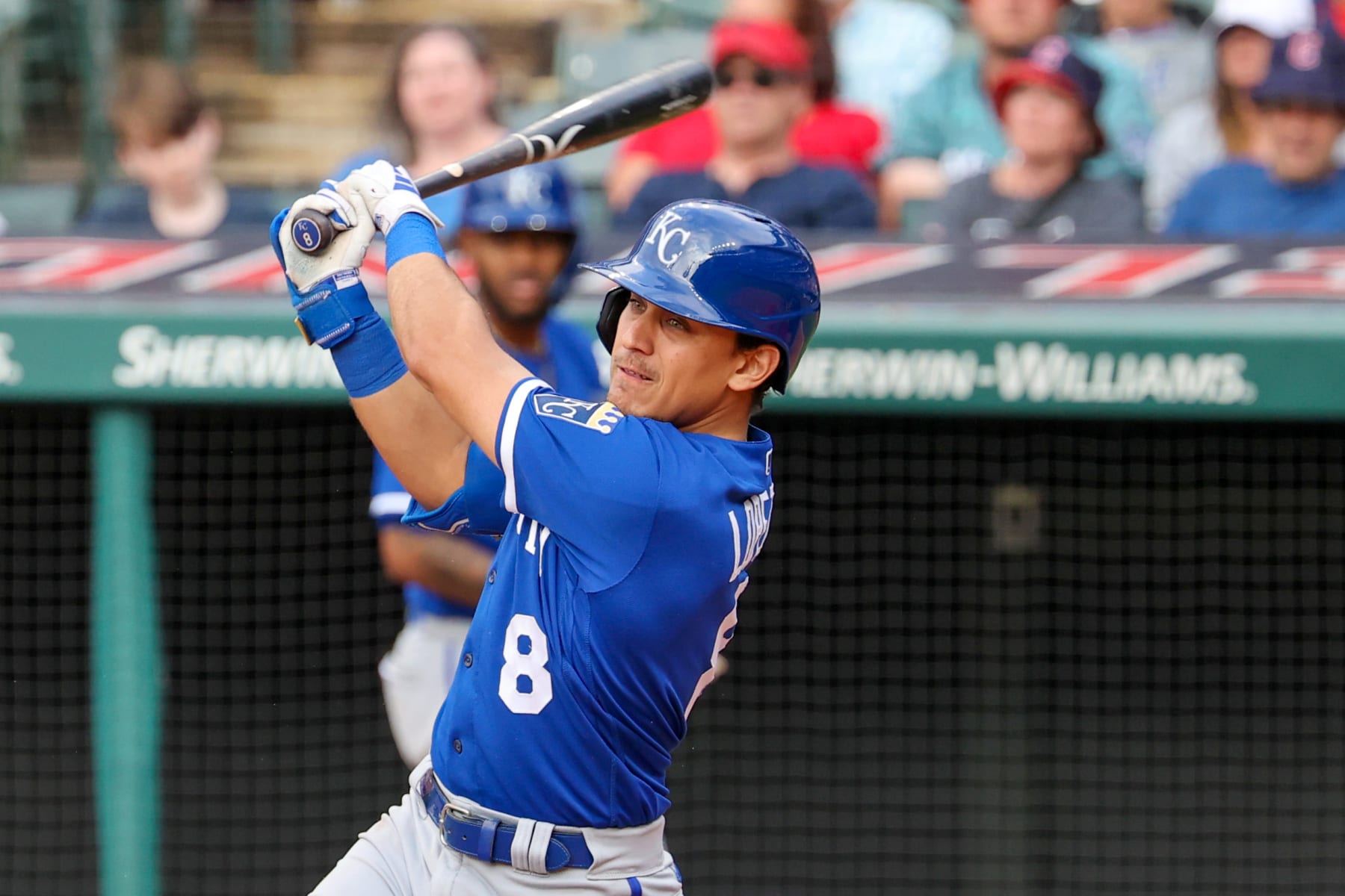 CLEVELAND, OH - JULY 08: Kansas City Royals second baseman Nicky Lopez (8) singles to drive in a run during the sixth inning of the Major League Baseball game between the Kansas City Royals and Cleveland Guardians on July 8, 2023, at Progressive Field in Cleveland, OH. (Photo by Frank Jansky/Icon Sportswire via Getty Images)