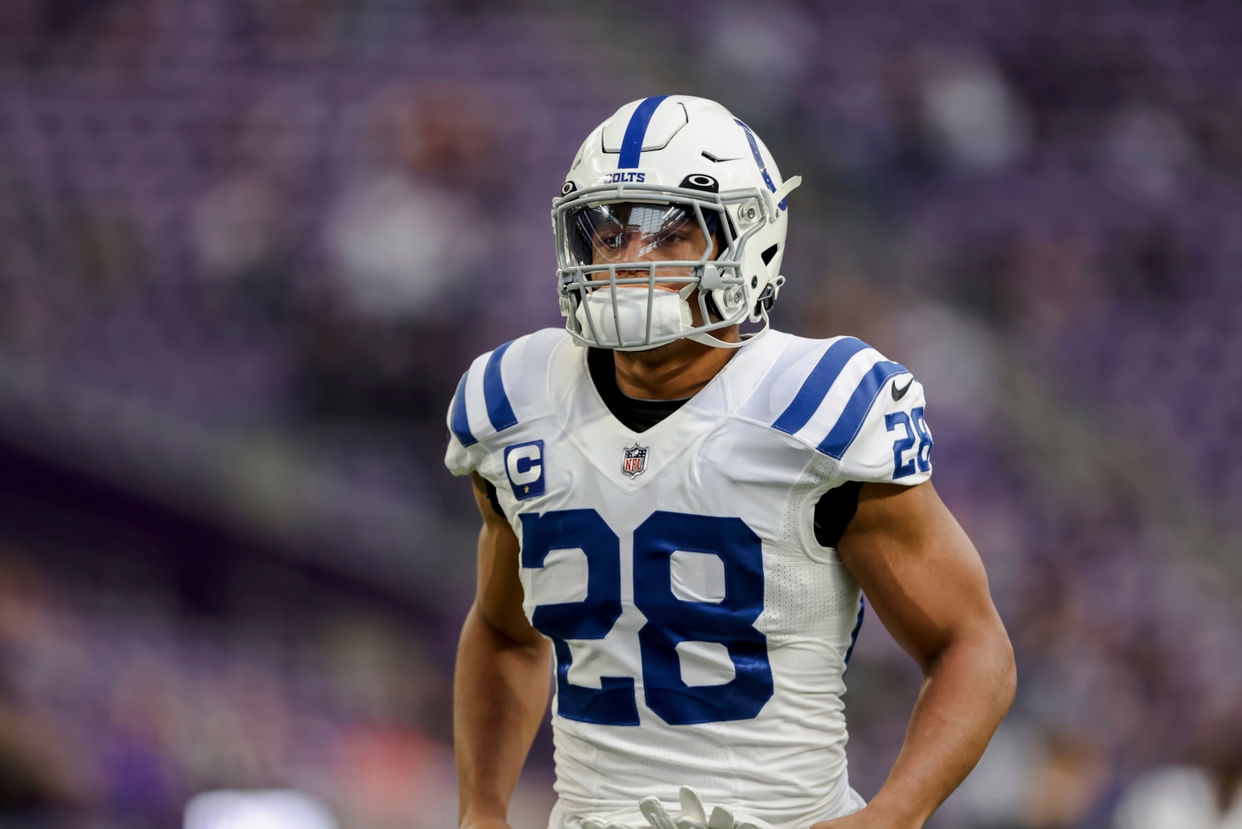 Indianapolis Colts running back Jonathan Taylor (28) during warmups before an NFL football game against the Minnesota Vikings, Saturday, Dec. 17, 2022 in Minneapolis. (AP Photo/Stacy Bengs)