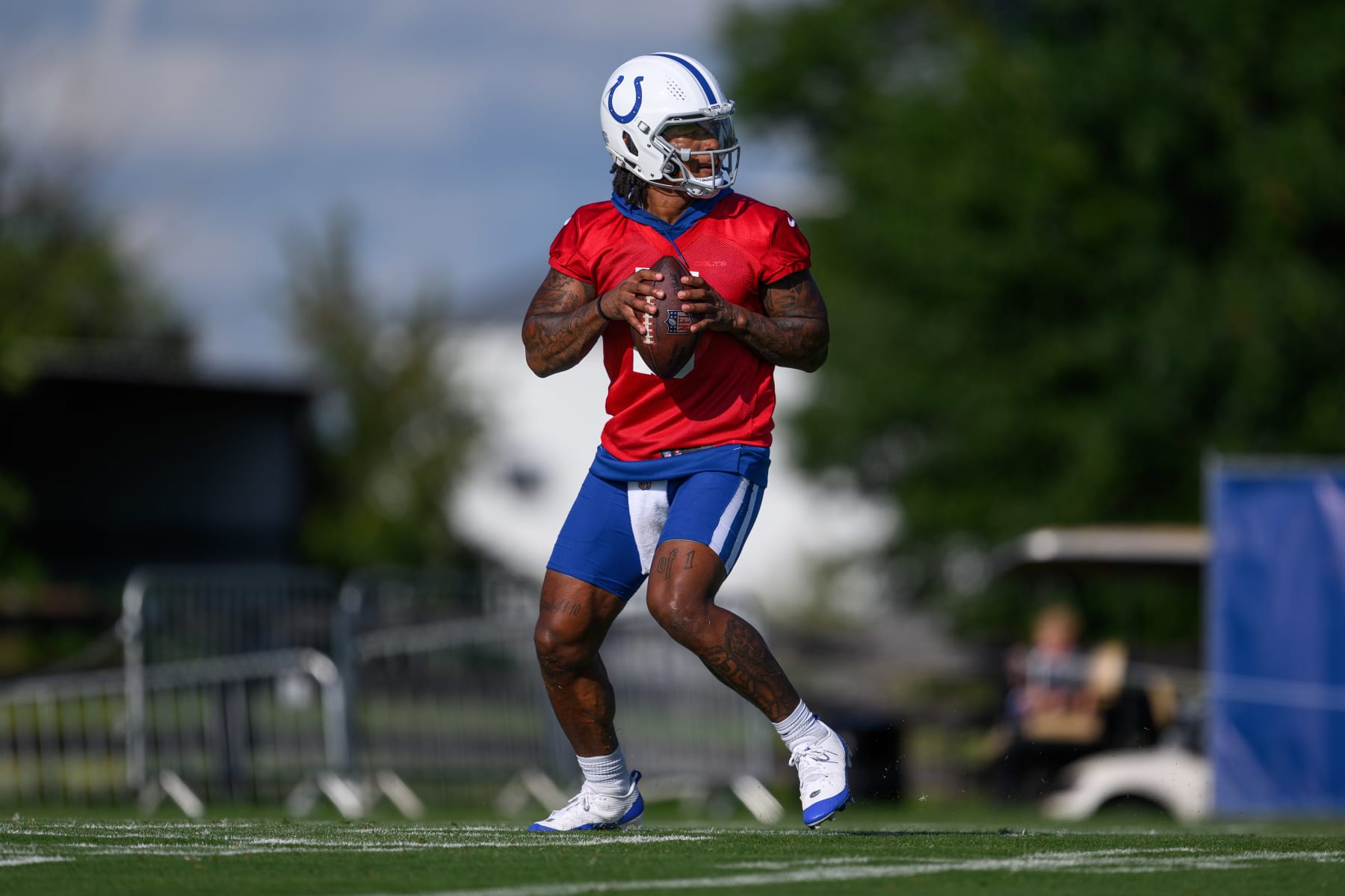 WESTFIELD, IN - JULY 29: Indianapolis Colts quarterback Anthony Richardson (5) runs through a drill during the Indianapolis Colts Training Camp on July 29, 2023 at the Grand Park Sports Campus in Westfield, IN. (Photo by Zach Bolinger/Icon Sportswire via Getty Images)