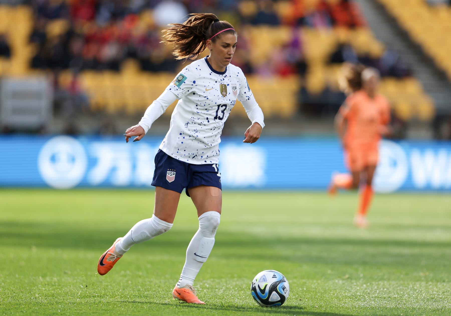WELLINGTON, NEW ZEALAND - JULY 27: Alex Morgan of USA  during the FIFA Women's World Cup Australia & New Zealand 2023 Group E match between USA and Netherlands at Wellington Regional Stadium on July 27, 2023 in Wellington, New Zealand. (Photo by Catherine Ivill/Getty Images)