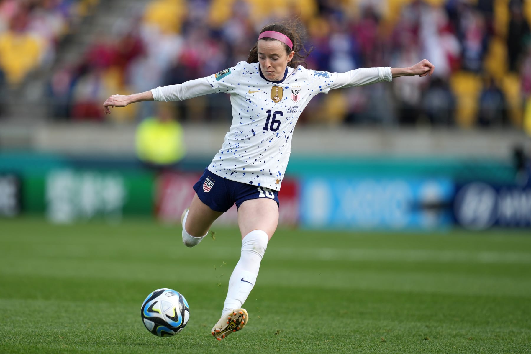 WELLINGTON, NEW ZEALAND - JULY 27: Rose Lavelle #16 of the United States strikes the ball  during the second half against the Netherlands during the FIFA Women's World Cup Australia & New Zealand 2023 Group E match at Wellington Regional Stadium on July 27, 2023 in Wellington, New Zealand. (Photo by Robin Alam/USSF/Getty Images )