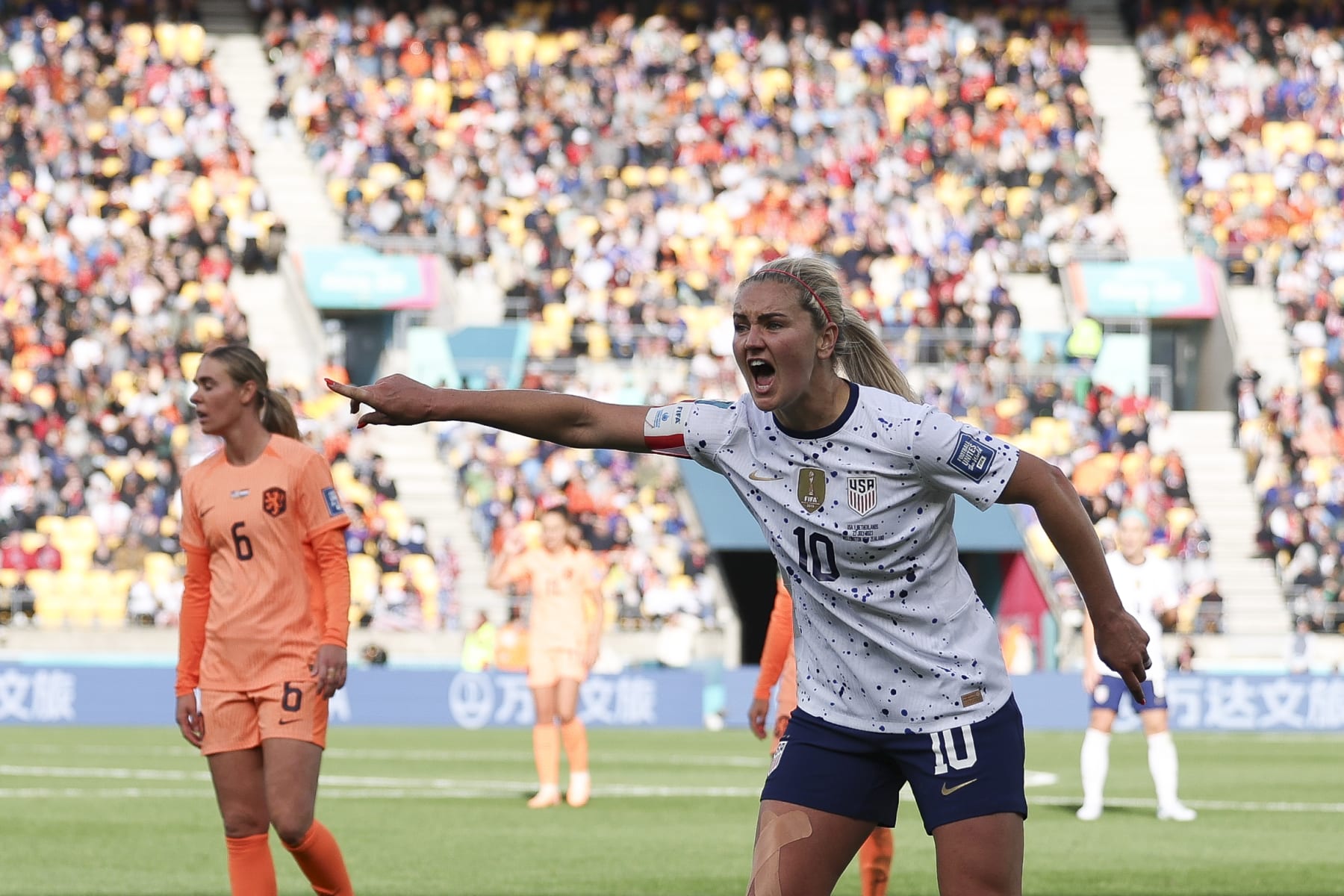 WELLINGTON, NEW ZEALAND - JULY 27: Lindsey Horan of USA reacts during the FIFA Women's World Cup Australia & New Zealand 2023 Group E match between USA and Netherlands at Wellington Regional Stadium on July 27, 2023 in Wellington / Te Whanganui-a-Tara, New Zealand. (Photo by Maja Hitij - FIFA/FIFA via Getty Images)