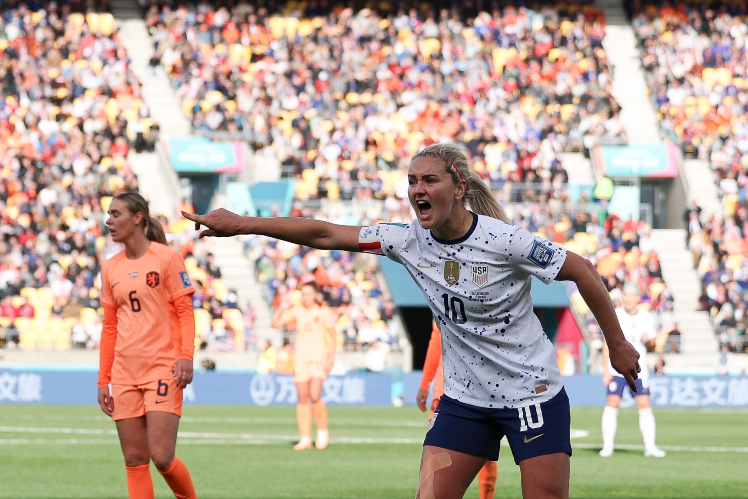 WELLINGTON, NEW ZEALAND - JULY 27: Lindsey Horan of USA reacts during the FIFA Women's World Cup Australia & New Zealand 2023 Group E match between USA and Netherlands at Wellington Regional Stadium on July 27, 2023 in Wellington / Te Whanganui-a-Tara, New Zealand. (Photo by Maja Hitij - FIFA/FIFA via Getty Images)