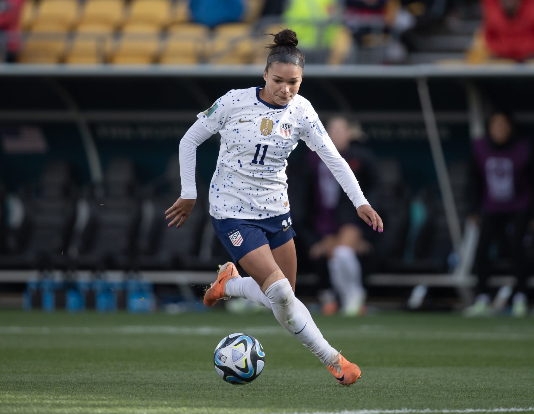 WELLINGTON, AUSTRALIA -JULY 27: Sophia Smith of USA in action during the FIFA Women's World Cup Australia & New Zealand 2023 Group E match between USA and Netherlands at Wellington Regional Stadium on July 27, 2023 in Wellington, New Zealand. (Photo by Joe Prior/Visionhaus via Getty Images)