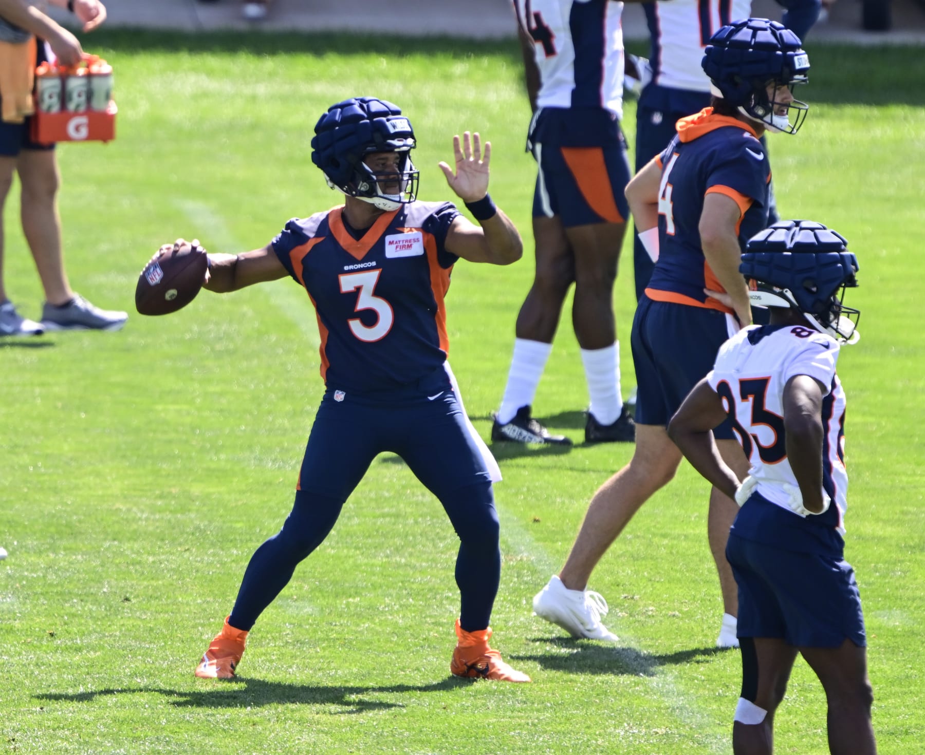 ENGLEWOOD, CO - JULY 29: Denver Broncos quarterback Russell Wilson (3) during Denver Broncos Back Together Weekend training camp practice at Centura Health Training Center July 29, 2023. (Photo by Andy Cross/MediaNews Group/The Denver Post via Getty Images)