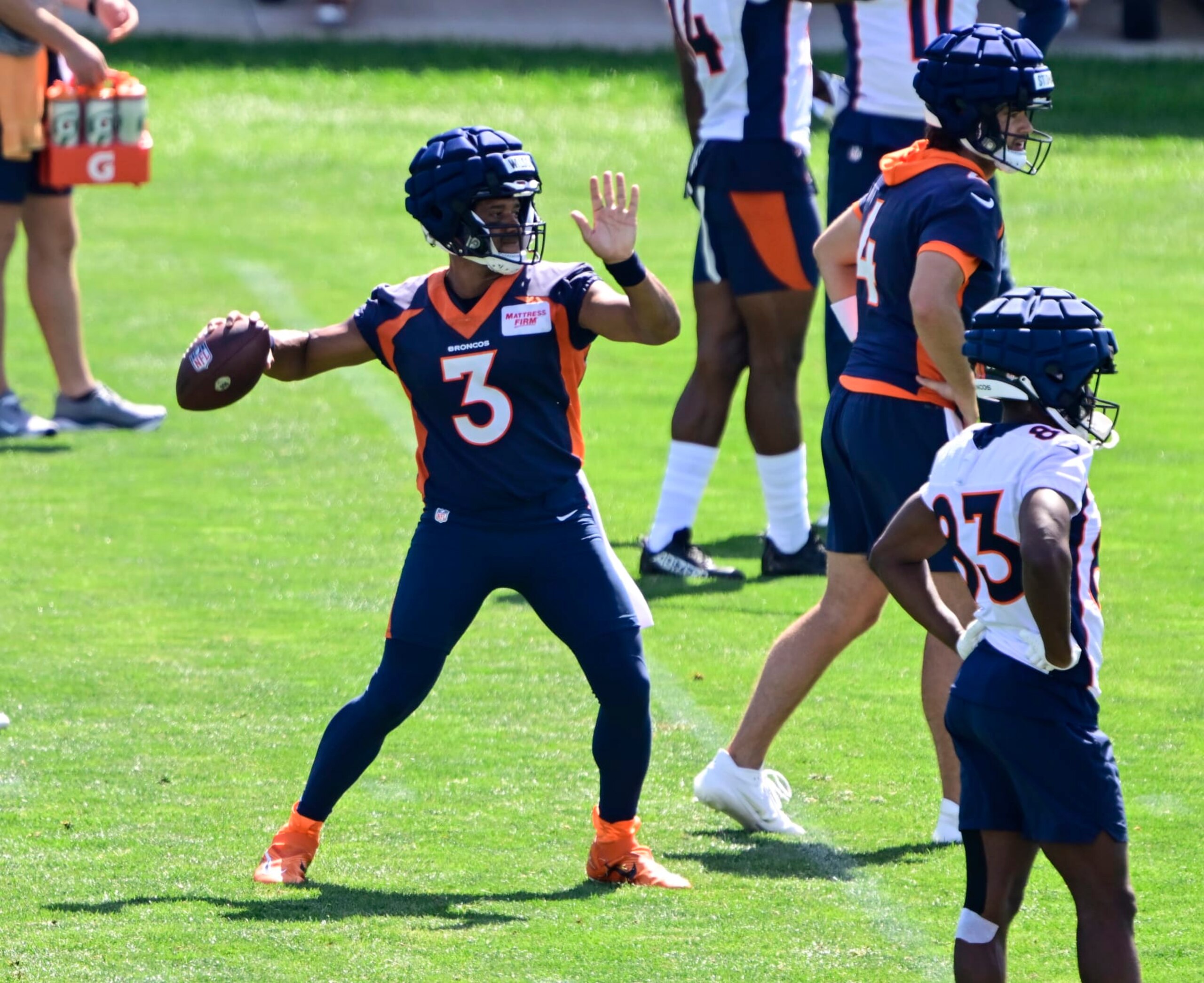 ENGLEWOOD, CO - JULY 29: Denver Broncos quarterback Russell Wilson (3) during Denver Broncos Back Together Weekend training camp practice at Centura Health Training Center July 29, 2023. (Photo by Andy Cross/MediaNews Group/The Denver Post via Getty Images) ENGLEWOOD, CO - JULY 29: Denver Broncos quarterback Russell Wilson (3) during Denver Broncos Back Together Weekend training camp practice at Centura Health Training Center July 29, 2023. (Photo by Andy Cross/MediaNews Group/The Denver Post via Getty Images)