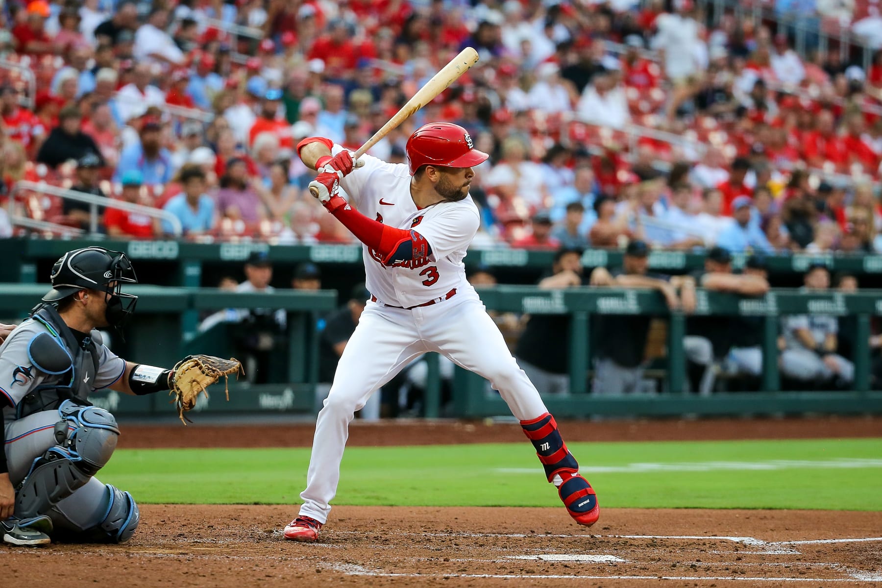 ST. LOUIS, MO - JULY 17: Dylan Carlson #3 of the St. Louis Cardinals at bat during the third inning against the Miami Marlins at Busch Stadium on July 17, 2023 in St. Louis, Missouri. (Photo by Scott Kane/Getty Images)