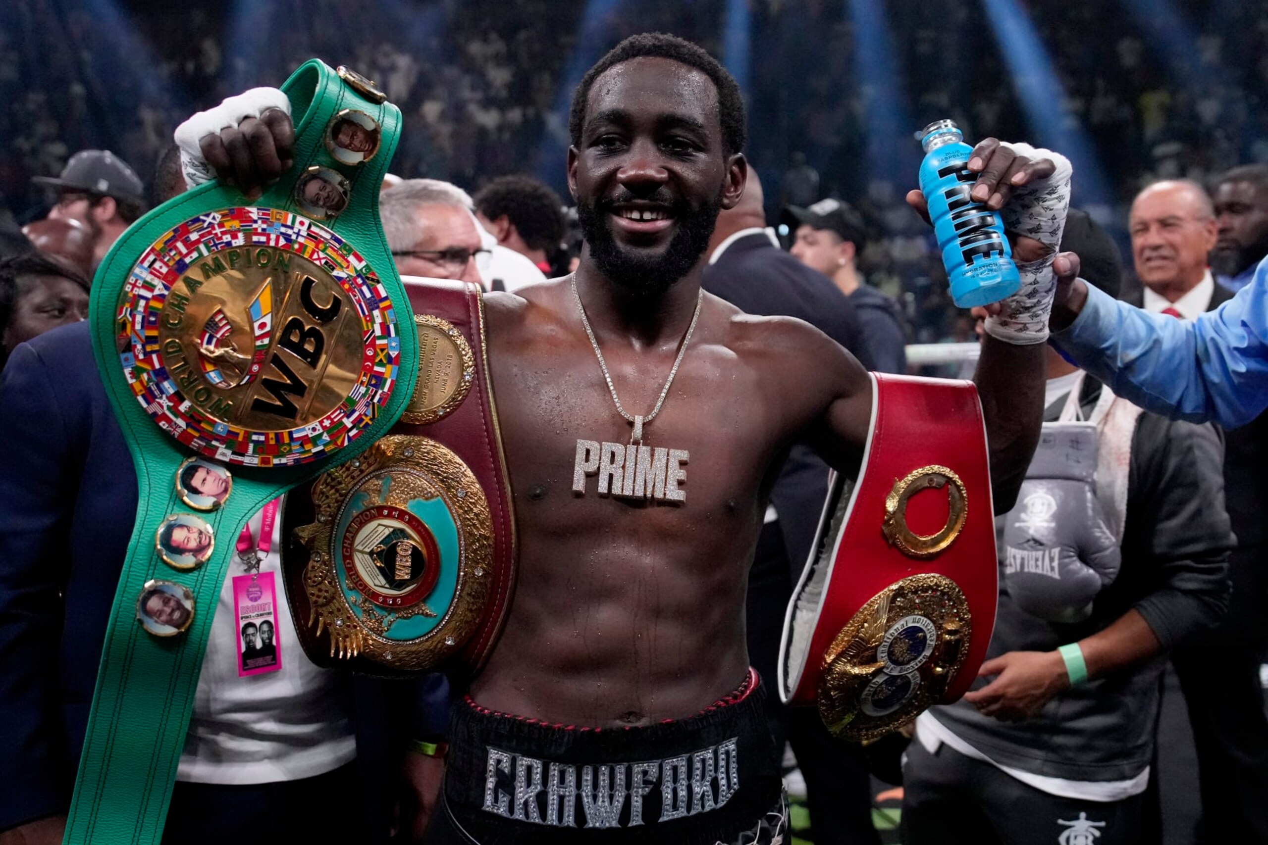 Terence Crawford celebrates his defeat of Errol Spence Jr. after their undisputed welterweight championship boxing match, Saturday, July 29, 2023, in Las Vegas. (AP Photo/John Locher)